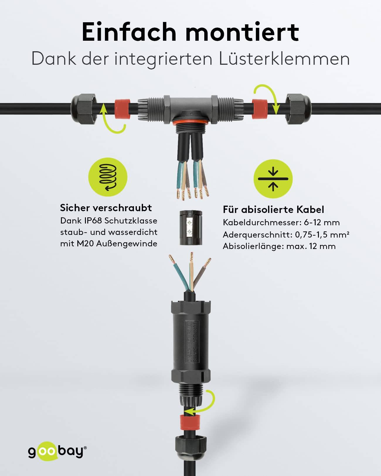 Goobay 81286 Outdoor T-Stück Kabelverbinder wasserdicht IP68 3 polige Kabelmuffe Stromkabel verbinden T Verbindungsmuffe-4