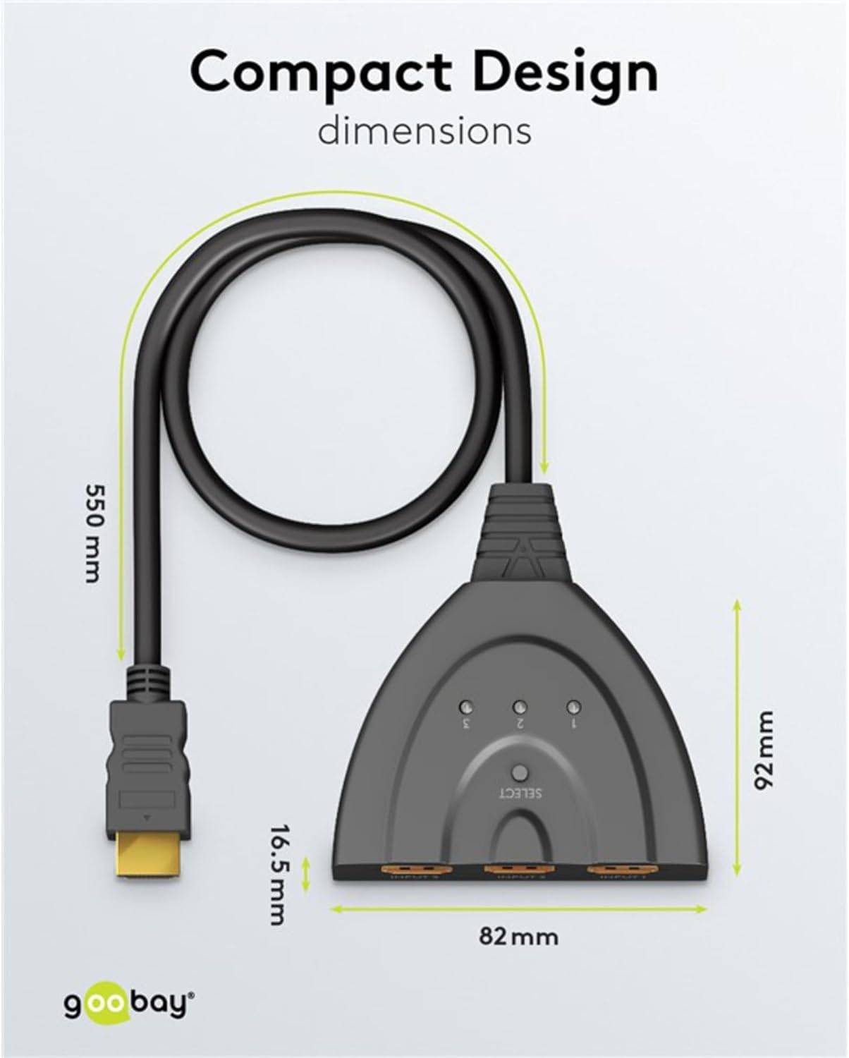 Goobay 58487 HDMI Umschalter 3 in 1 out HDMI Kabel 4K @ 30Hz Manuell HDMI Switch 10,2 Gbit/s Umschaltbox HDMI Weiche ARC-2