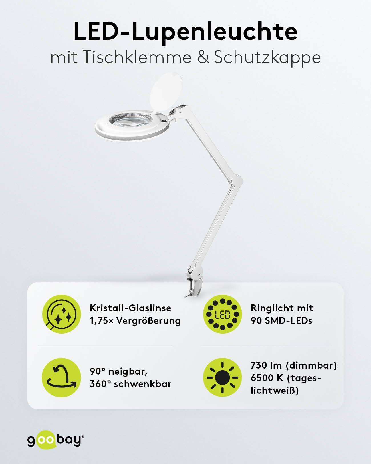 Goobay 60362 LED Lupenleuchte mit Tischklemme Ø 127mm Kristall Linse 3 Dioptrien Lupe mit Licht dimmbar Lupenlampe Weiß-1