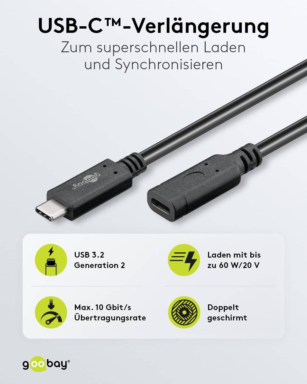 Goobay 61038 USB C Verlängerung 3.2 Gen 2 / Schnellladekabel 60W 20V / Ladekabel 10 Gbits / USB Verlängerungskabel 1m-1