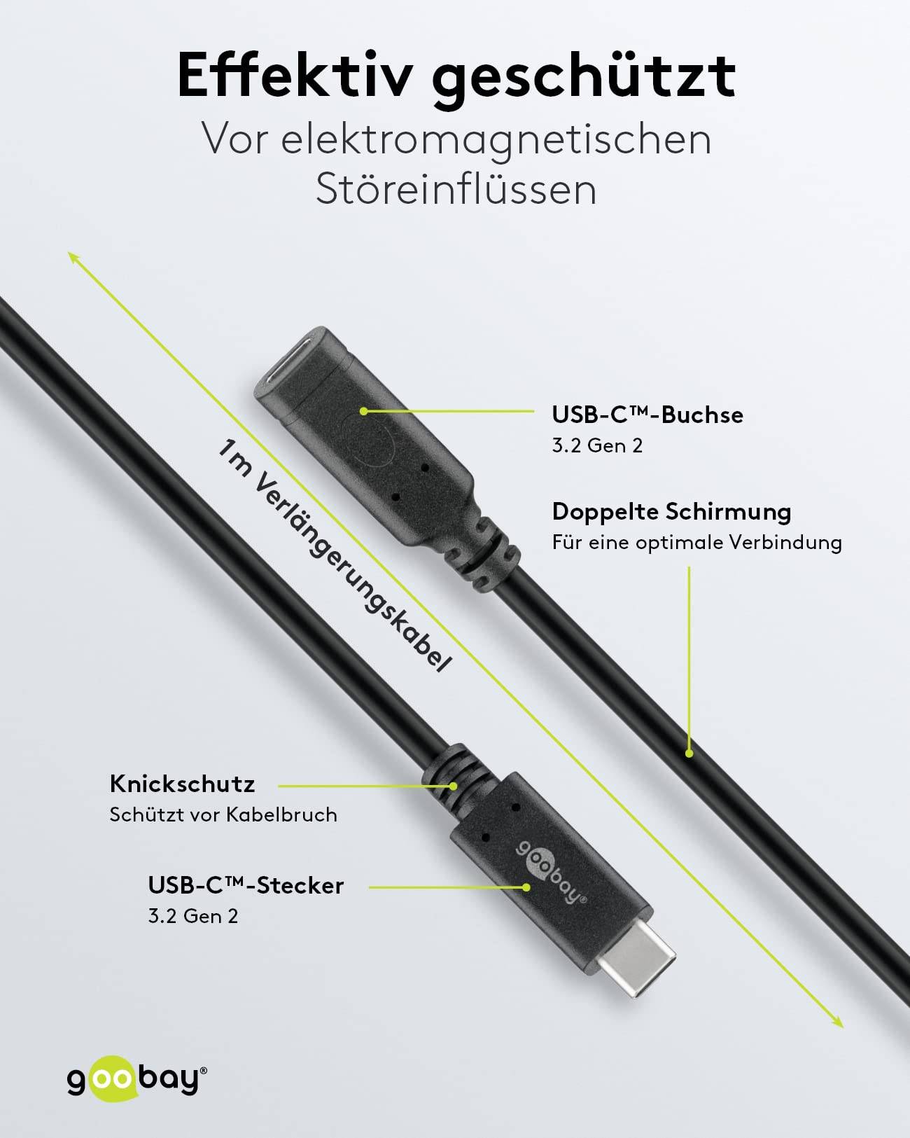 Goobay 61038 USB C Verlängerung 3.2 Gen 2 / Schnellladekabel 60W 20V / Ladekabel 10 Gbits / USB Verlängerungskabel 1m-2