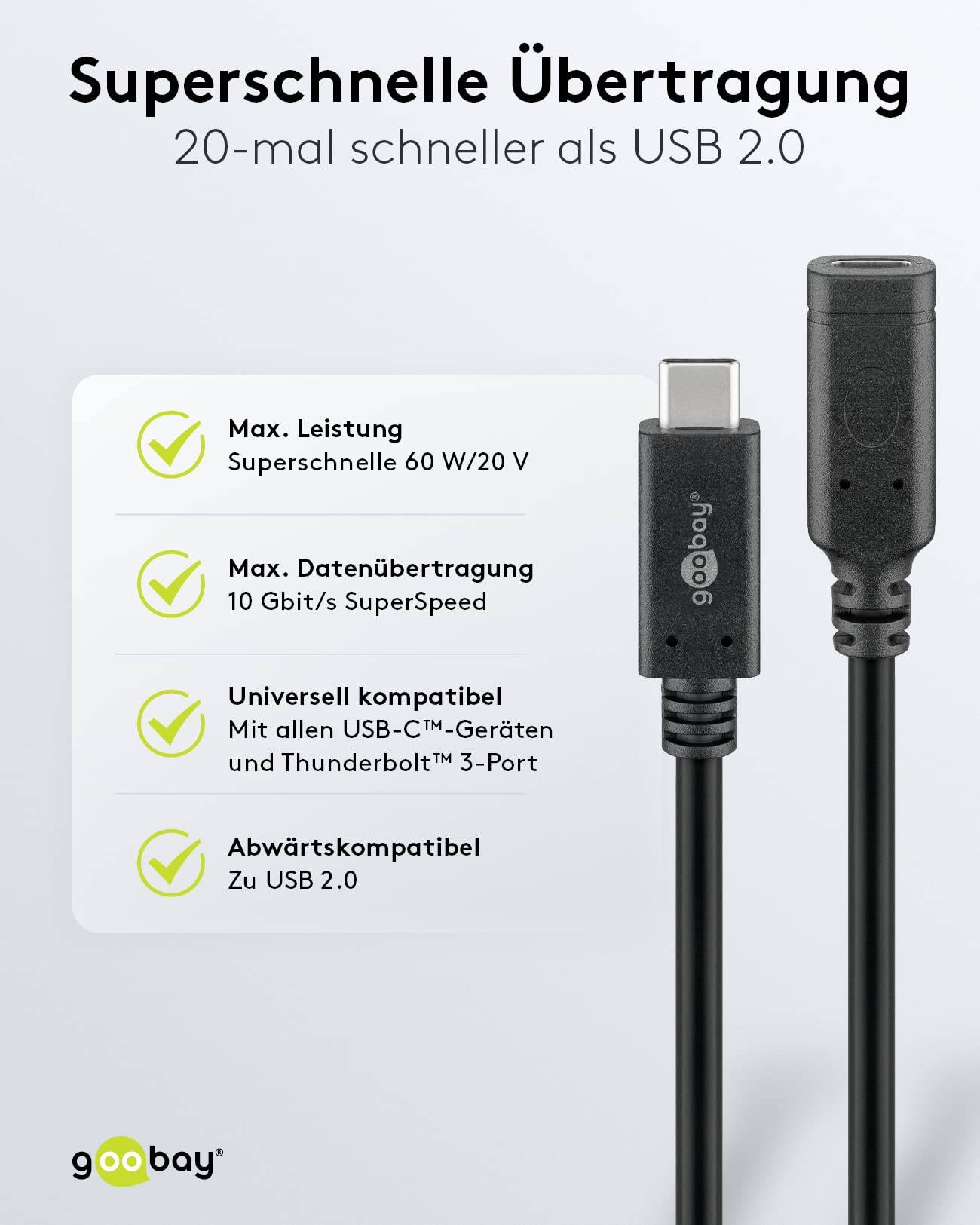 Goobay 61038 USB C Verlängerung 3.2 Gen 2 / Schnellladekabel 60W 20V / Ladekabel 10 Gbits / USB Verlängerungskabel 1m-3