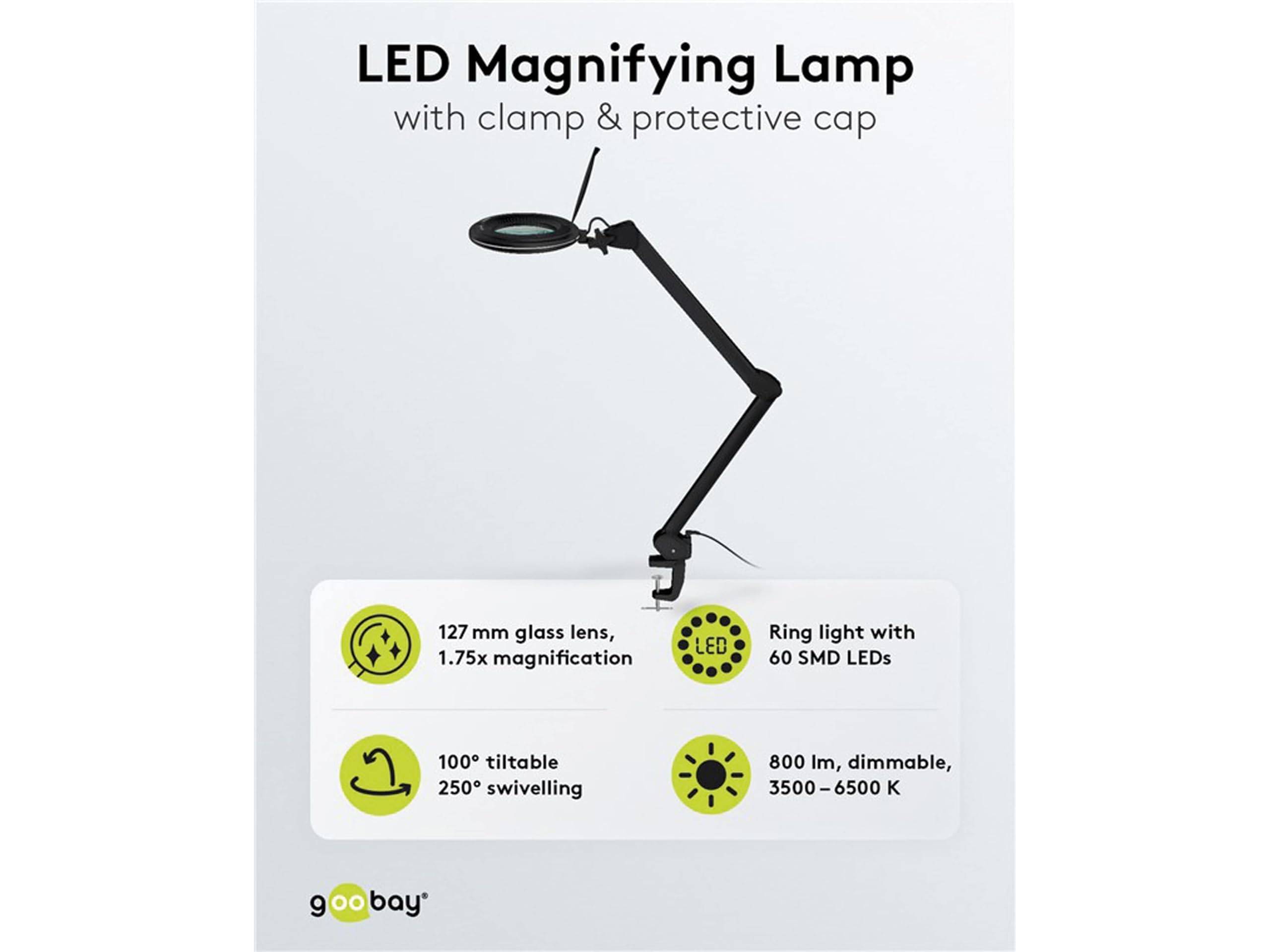 Goobay 64986 LED Lupenleuchte mit Tischklemme Ø 127mm Echtglas Linse 3 Dioptrien Lupe Licht dimmbar Lupenlampe / Schwarz-1
