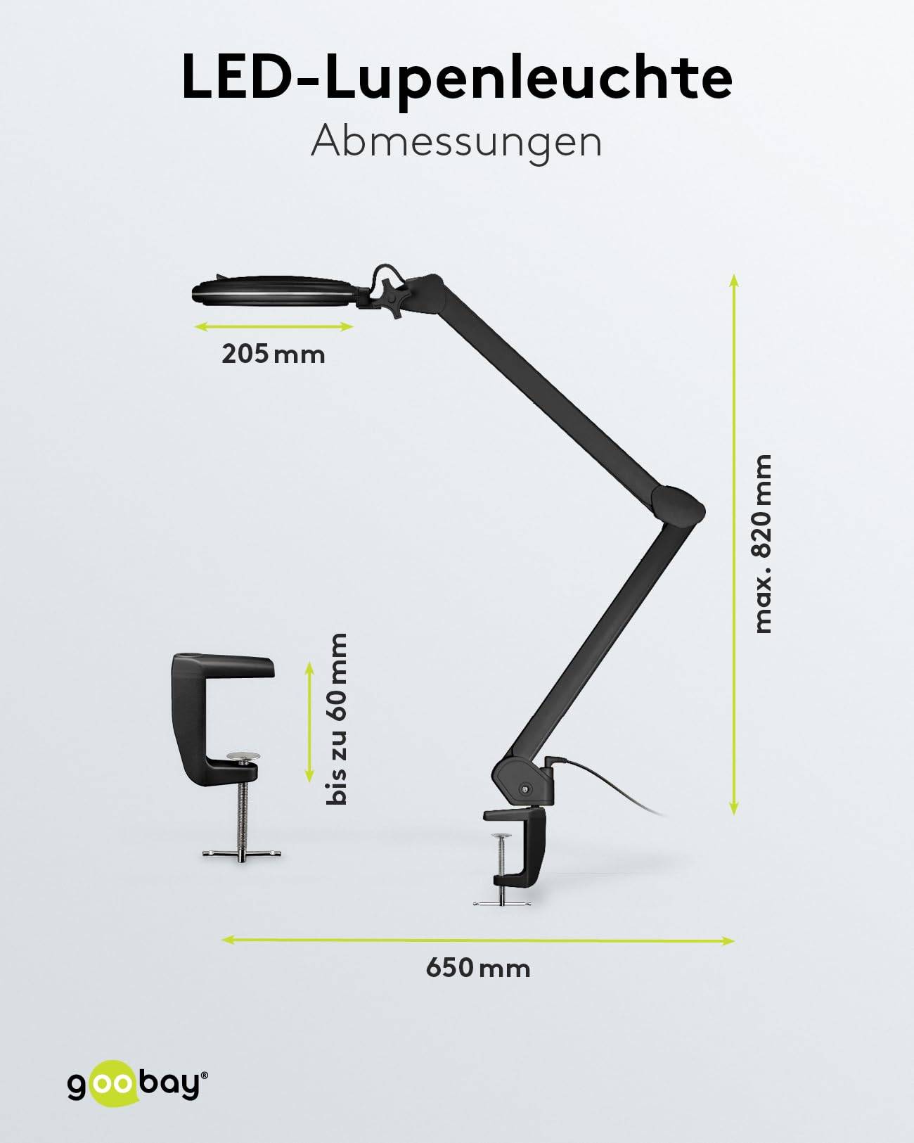 Goobay 64986 LED Lupenleuchte mit Tischklemme Ø 127mm Echtglas Linse 3 Dioptrien Lupe Licht dimmbar Lupenlampe / Schwarz-2