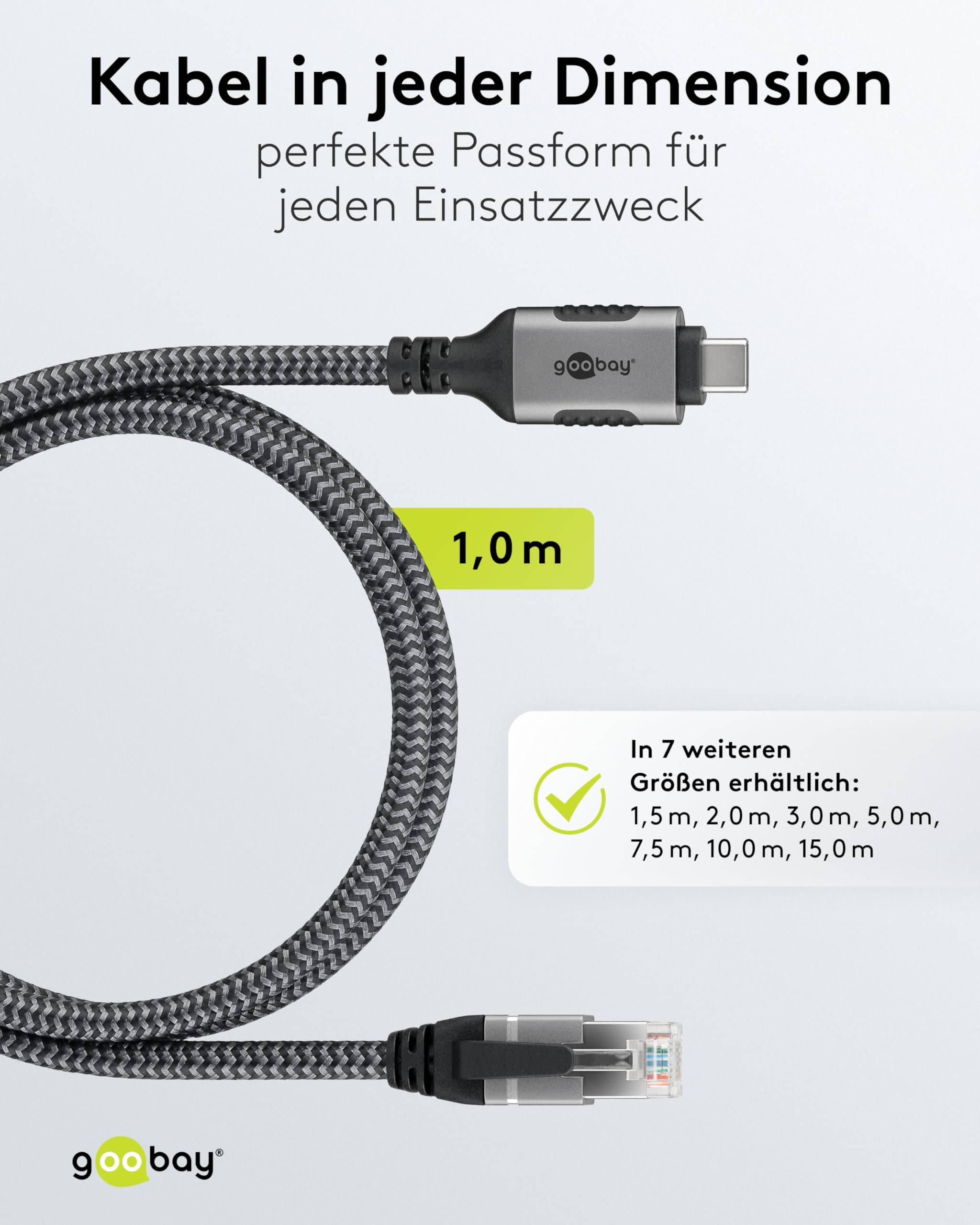 Goobay 70696 RJ45 Ethernet auf USB C 3.1 Kabel / FTP Internetkabel 1 Gbits / CAT 6 Netzwerkkabel / Textilkabel / 1m/sw-3
