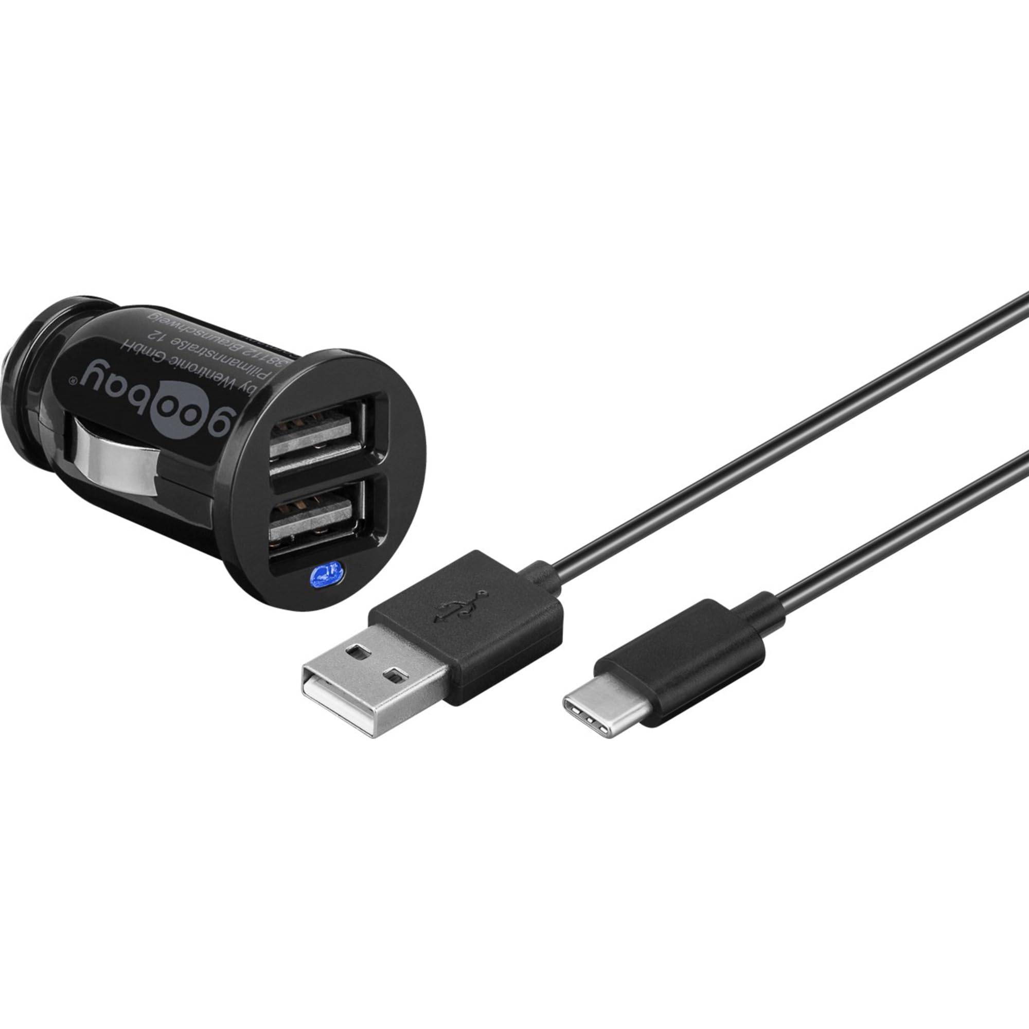 Goobay 58820 Dual Kfz Adapter Zigarettenanzünder / USB-C Ladekabel 1m / Auto Ladegerät 12W / USB-A Ladeset / Schwarz-1