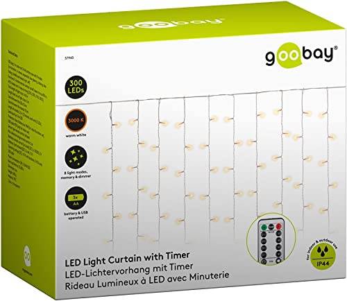 Goobay 57943 LED-Lichtervorhang 300 warmweiße LEDs Lichterkette Timer 8 Modi Lichterkettenvorhang dimmbar USB & Batterie-1
