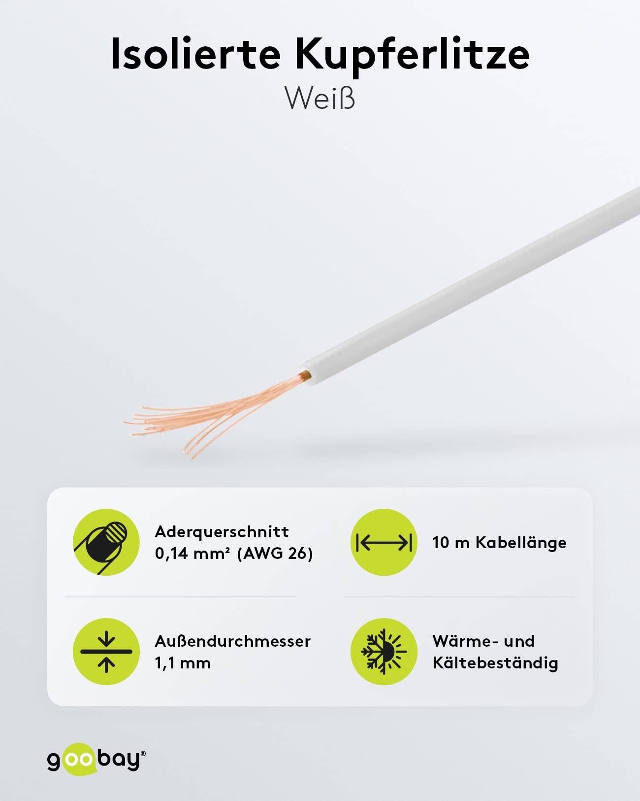 Goobay 55046 Kupferlitze 1adrig isoliert Kupferkabel mehrdrähtig Klingeldraht 18x 0,1mm AWG 26 Litze Kabellitze Weiß 10m-2