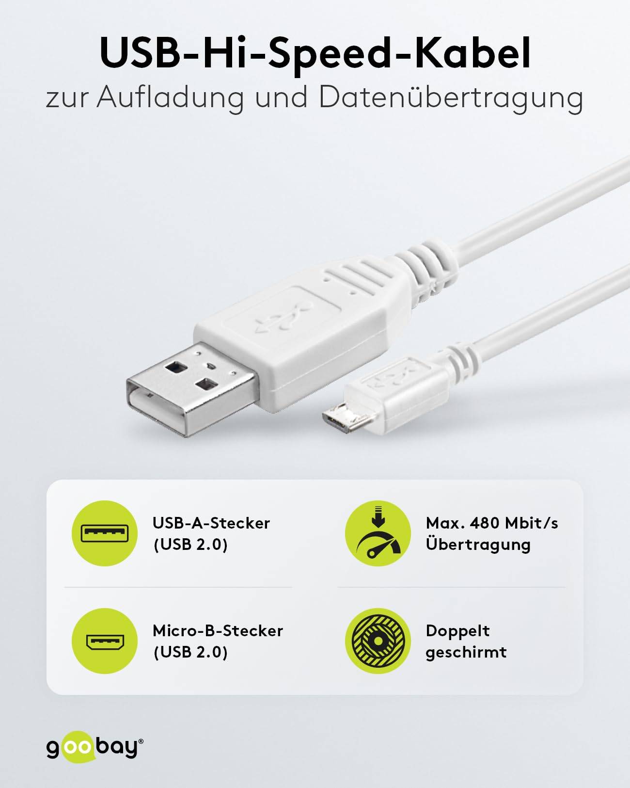 Goobay 96190 USB A auf Micro USB B Kabel / 480 Mbits Ladekabel USB 2.0 zu Micro USB Stecker Adapterkabel / Weiß / 0,15m-1