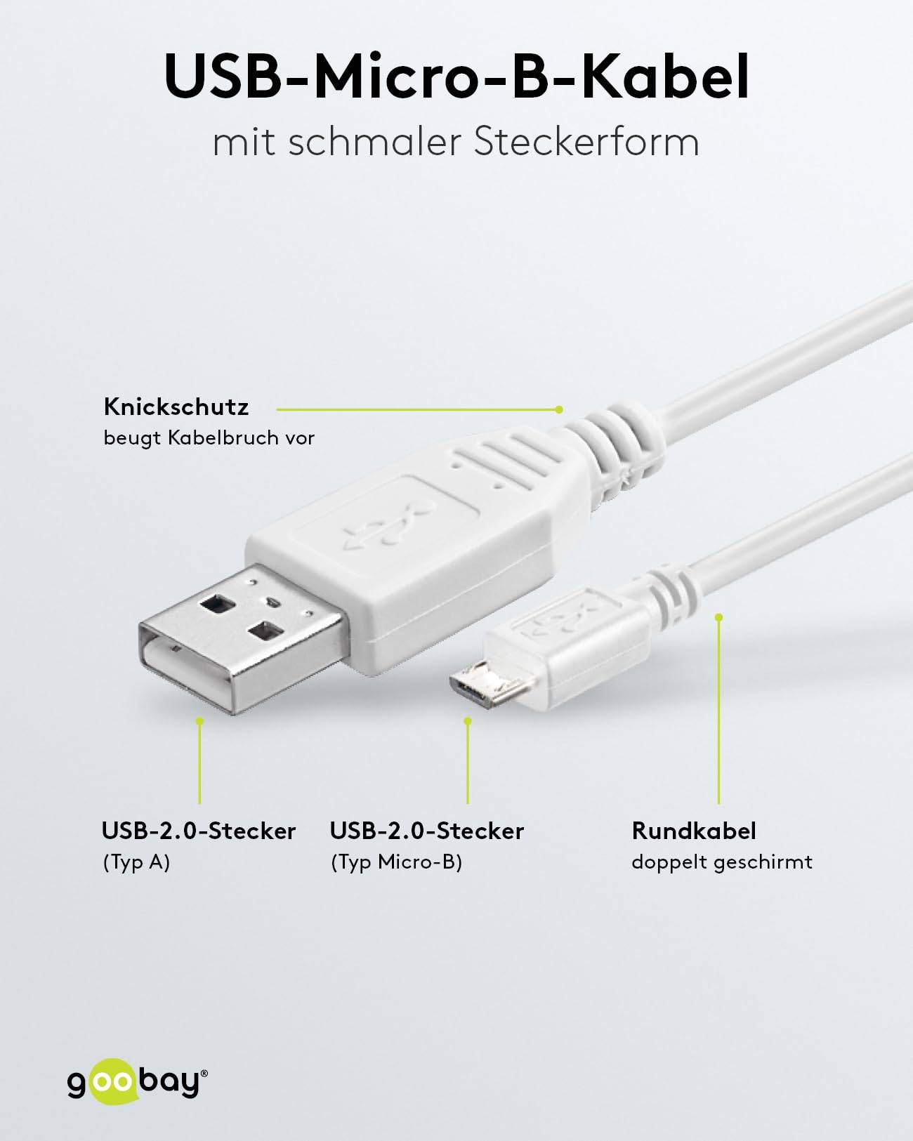 Goobay 96190 USB A auf Micro USB B Kabel / 480 Mbits Ladekabel USB 2.0 zu Micro USB Stecker Adapterkabel / Weiß / 0,15m-2