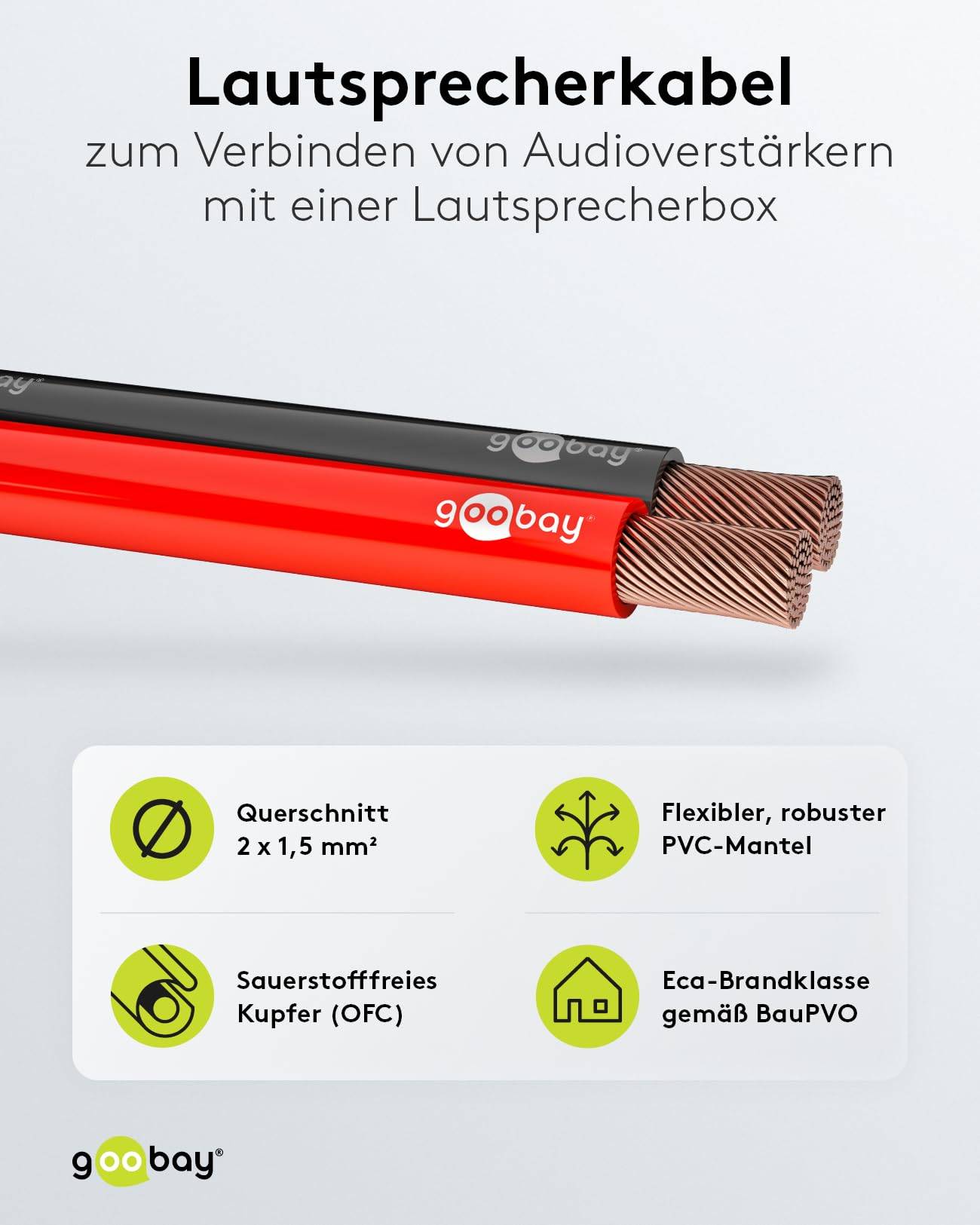 Goobay 15081 Lautsprecherkabel 2x 1,5mm² Kupferlitze / Audiokabel Boxenkabel Kupferkabel Meterware / Rot Schwarz / 50m-1