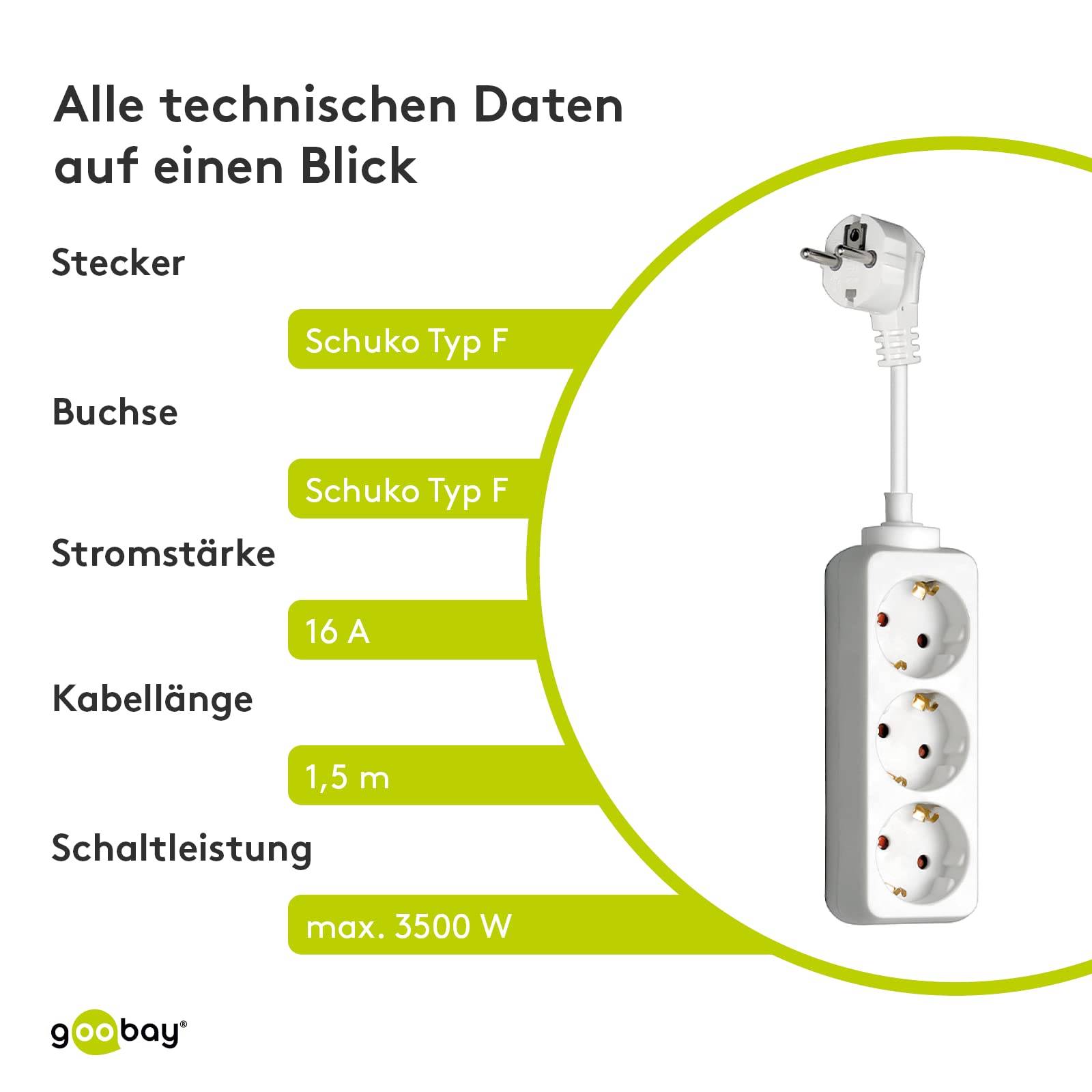Goobay 51293 Steckdosenleiste mit 45° Steckplätzen, 3500 W, 3er Mehrfachsteckdose, 3 fach Steckdose, 1.5 m Kabel, Weiß-5