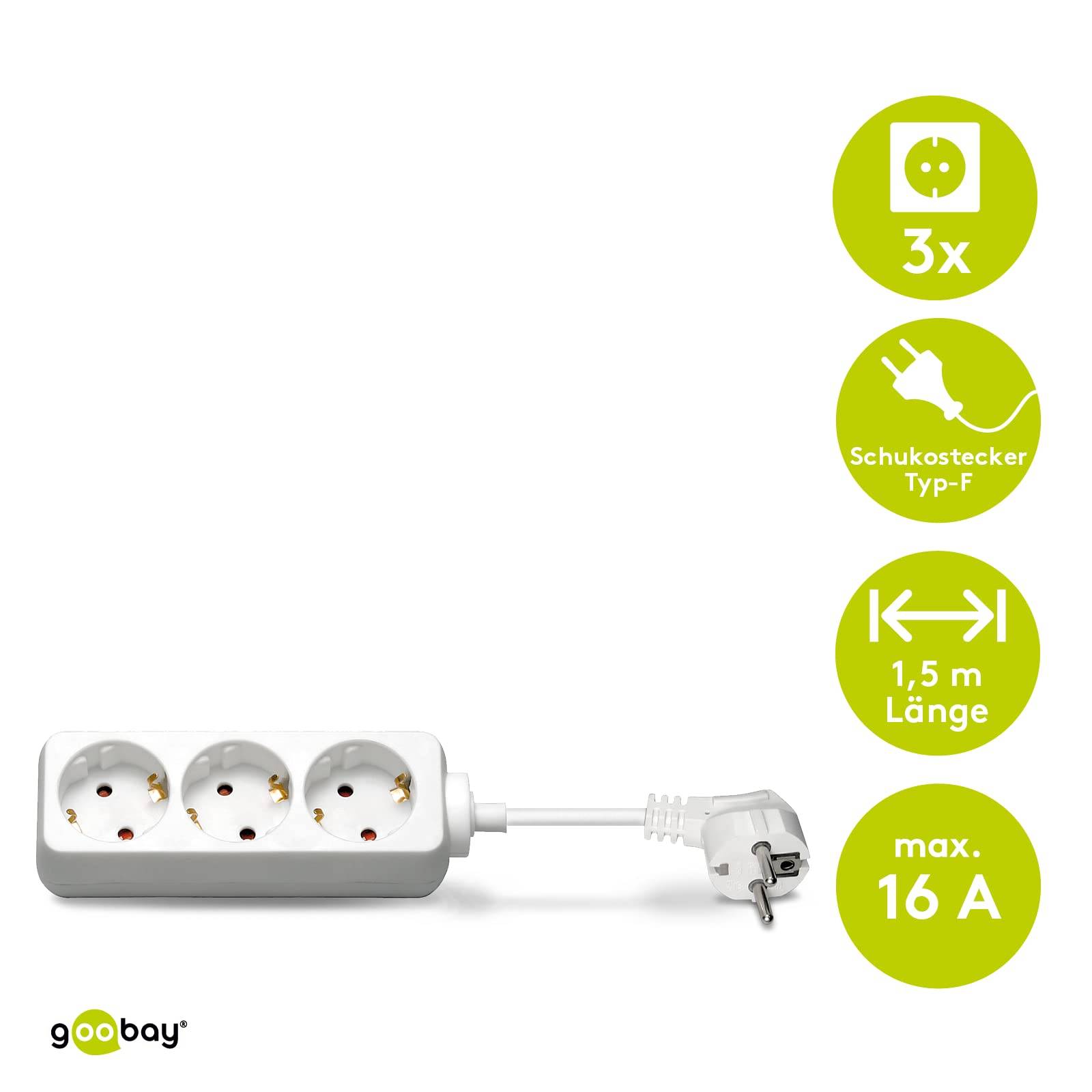 Goobay 51293 Steckdosenleiste mit 45° Steckplätzen, 3500 W, 3er Mehrfachsteckdose, 3 fach Steckdose, 1.5 m Kabel, Weiß-1