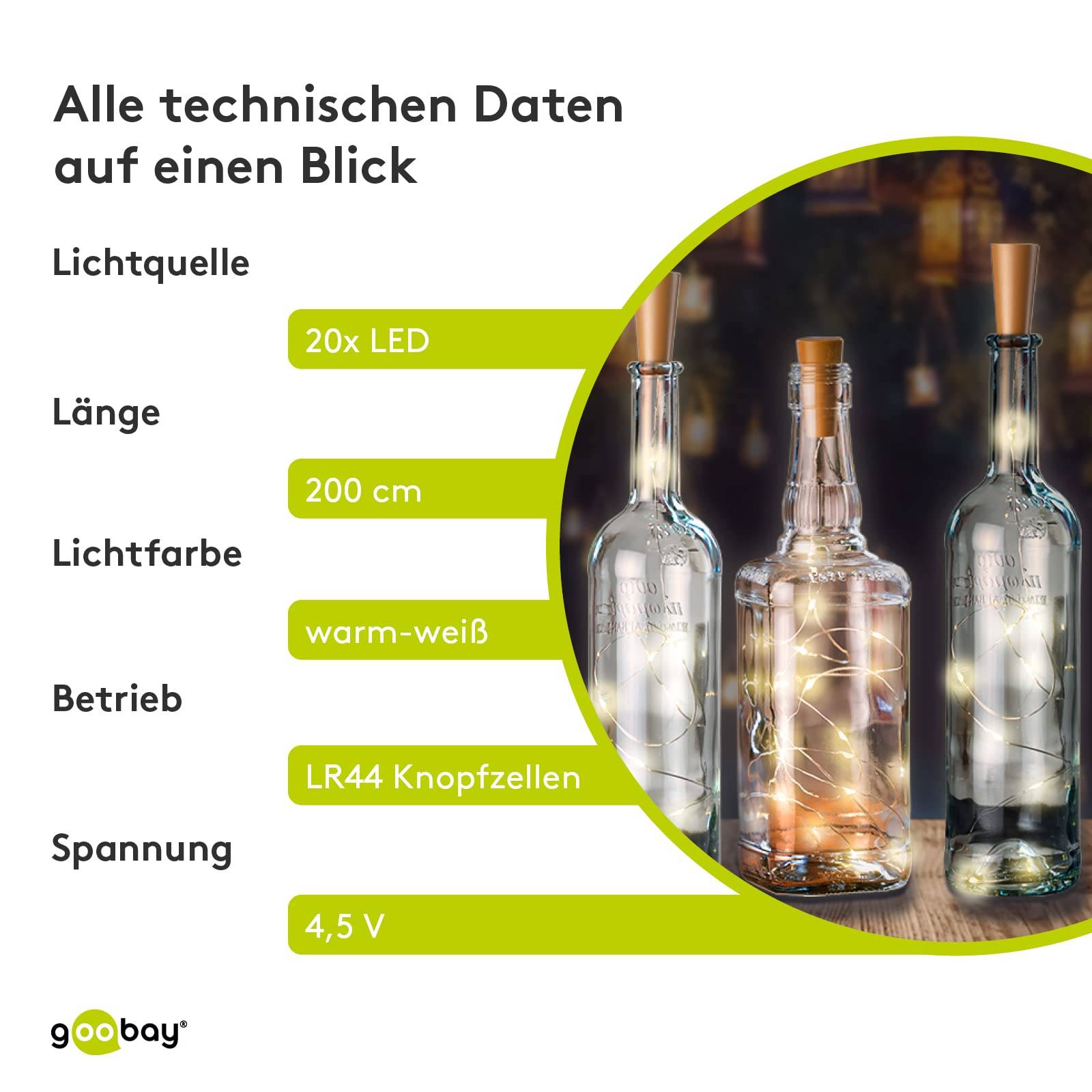 Goobay 49854 Flaschenlichterkette mit Korken 20 warmweiße LED, 5 lm Micro LED Drahtlichterkette mit Batterie, 10er Pack-6