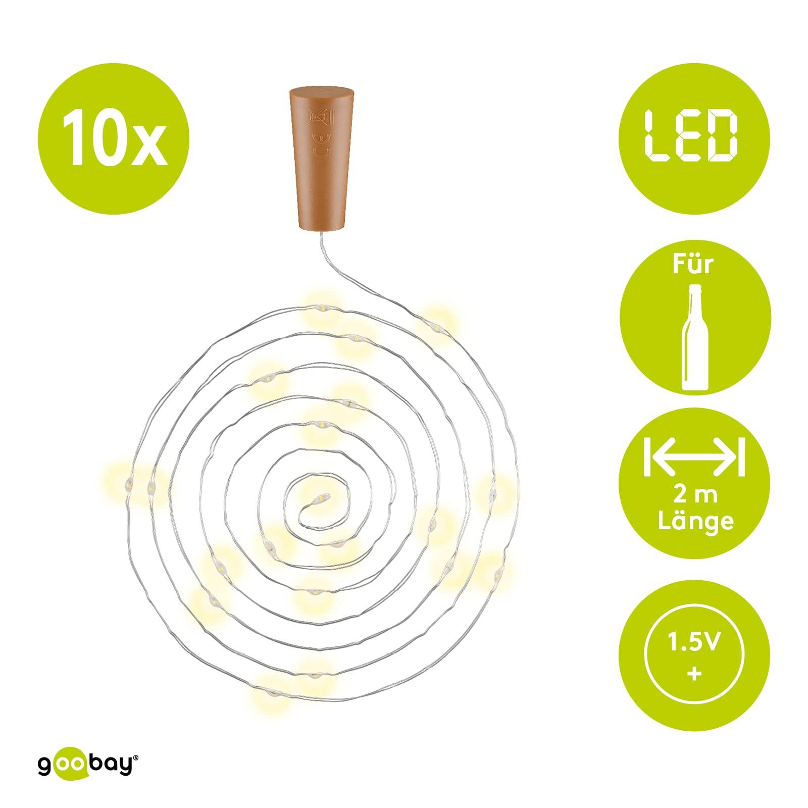 Goobay 49854 Flaschenlichterkette mit Korken 20 warmweiße LED, 5 lm Micro LED Drahtlichterkette mit Batterie, 10er Pack-1