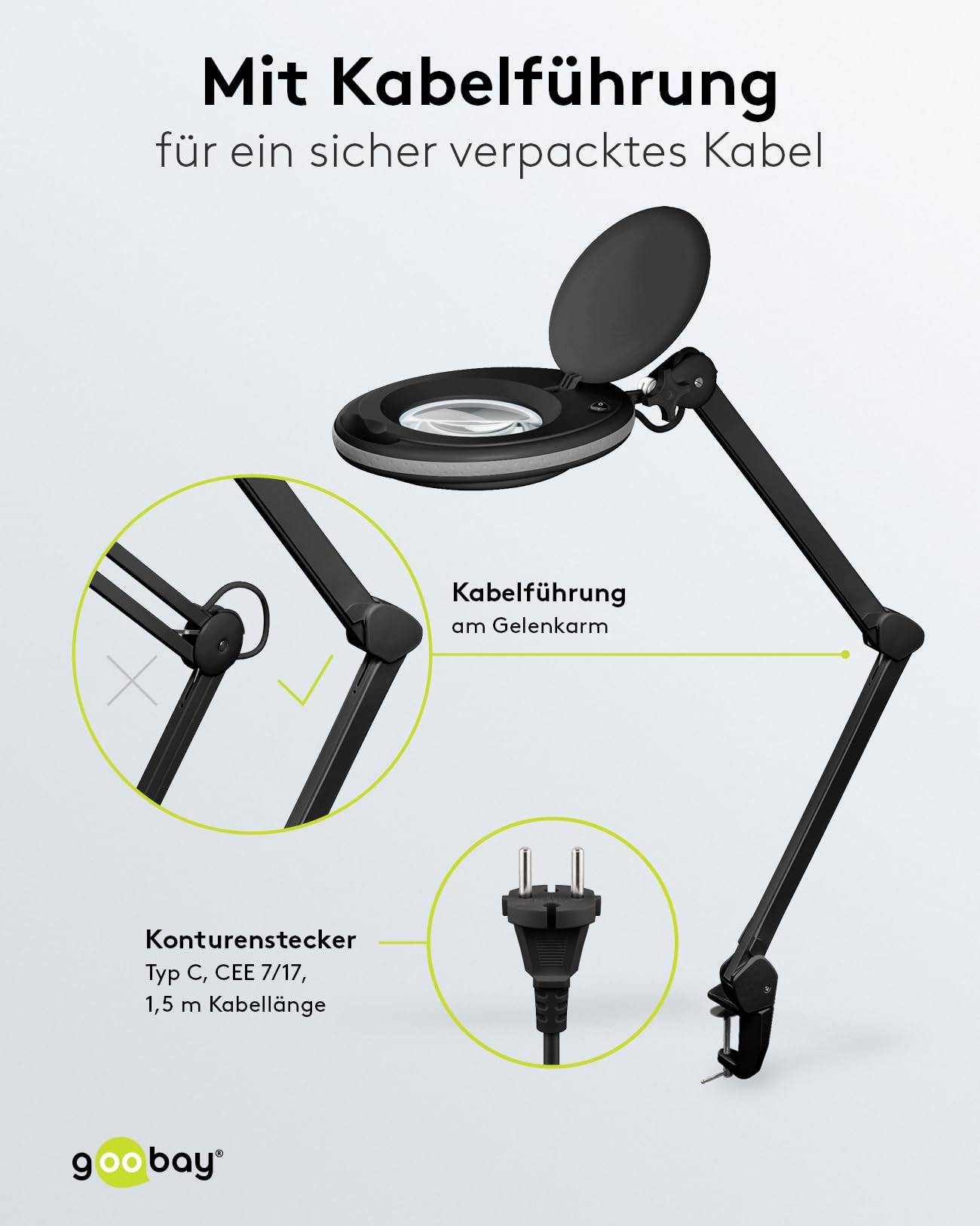 Goobay 65575 LED Lupenleuchte Tischklemme Ø 127mm Kristall Linse 3 Dioptrien Lupe mit Licht Lupenlampe Tischlupe Schwarz-5