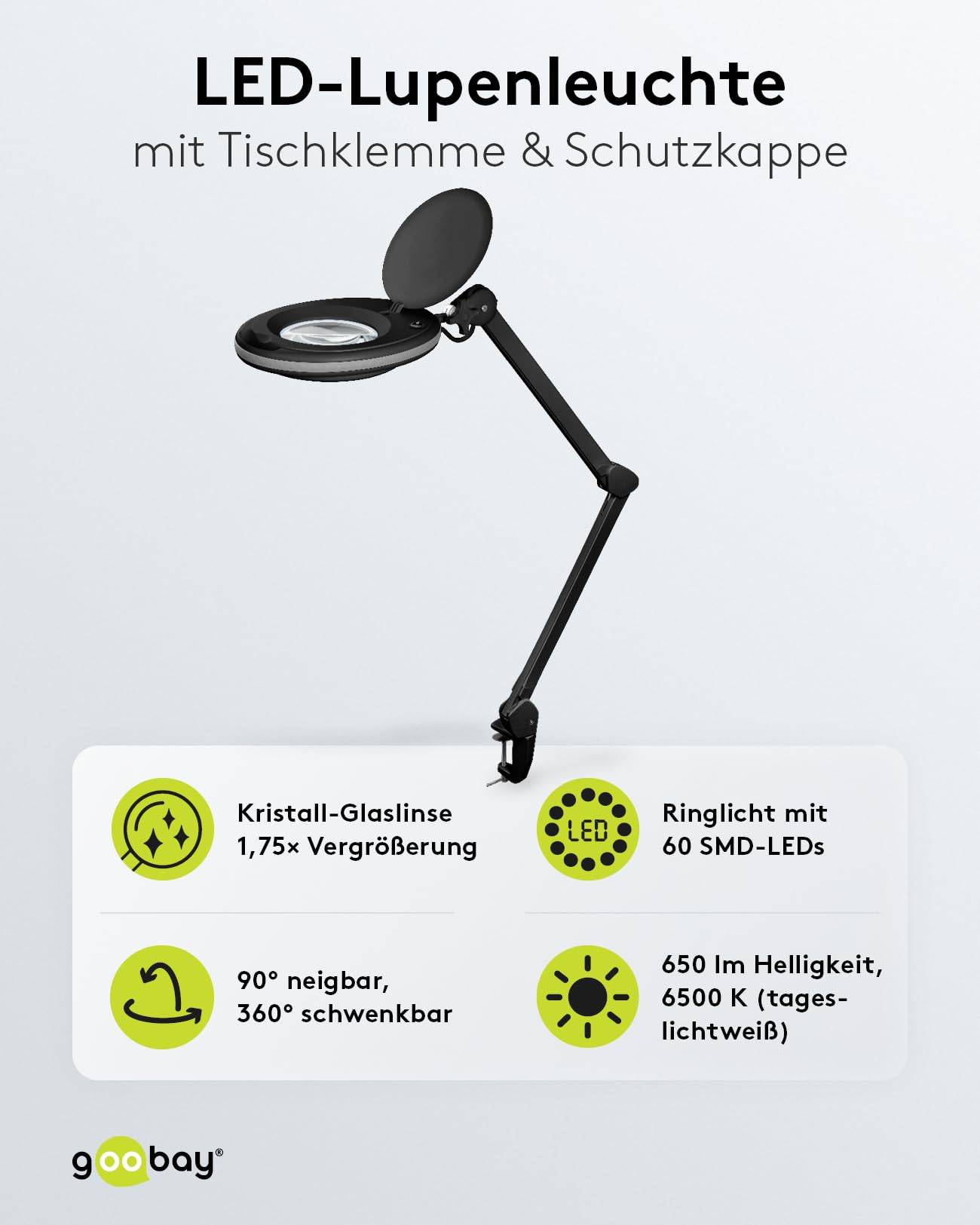 Goobay 65575 LED Lupenleuchte Tischklemme Ø 127mm Kristall Linse 3 Dioptrien Lupe mit Licht Lupenlampe Tischlupe Schwarz-1