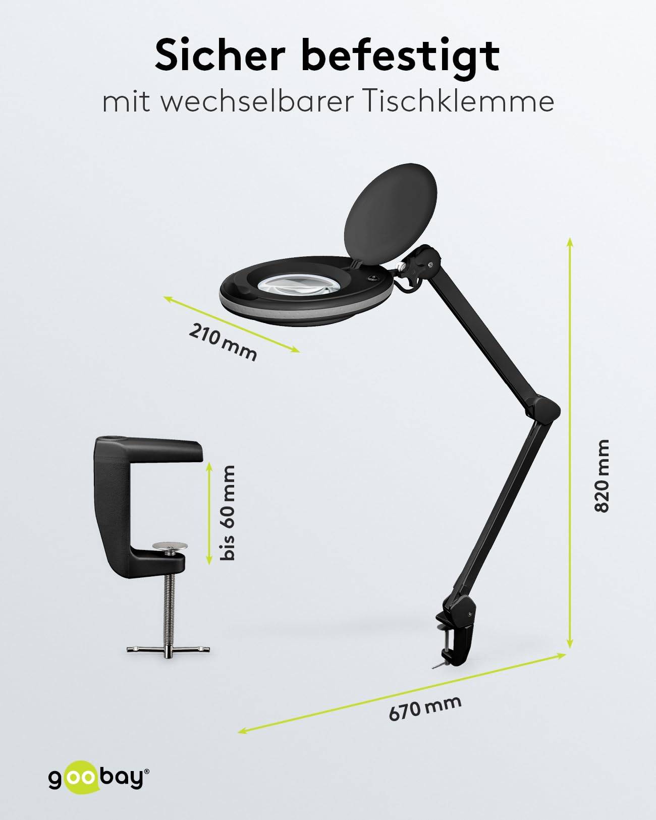 Goobay 65575 LED Lupenleuchte Tischklemme Ø 127mm Kristall Linse 3 Dioptrien Lupe mit Licht Lupenlampe Tischlupe Schwarz-2