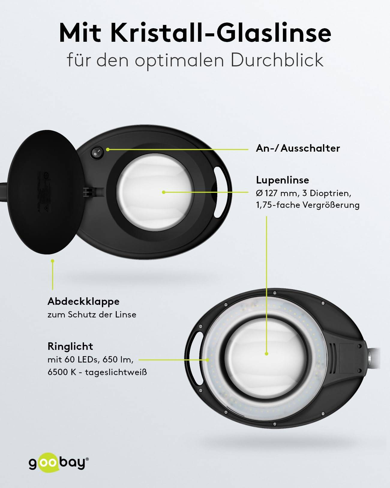 Goobay 65575 LED Lupenleuchte Tischklemme Ø 127mm Kristall Linse 3 Dioptrien Lupe mit Licht Lupenlampe Tischlupe Schwarz-4
