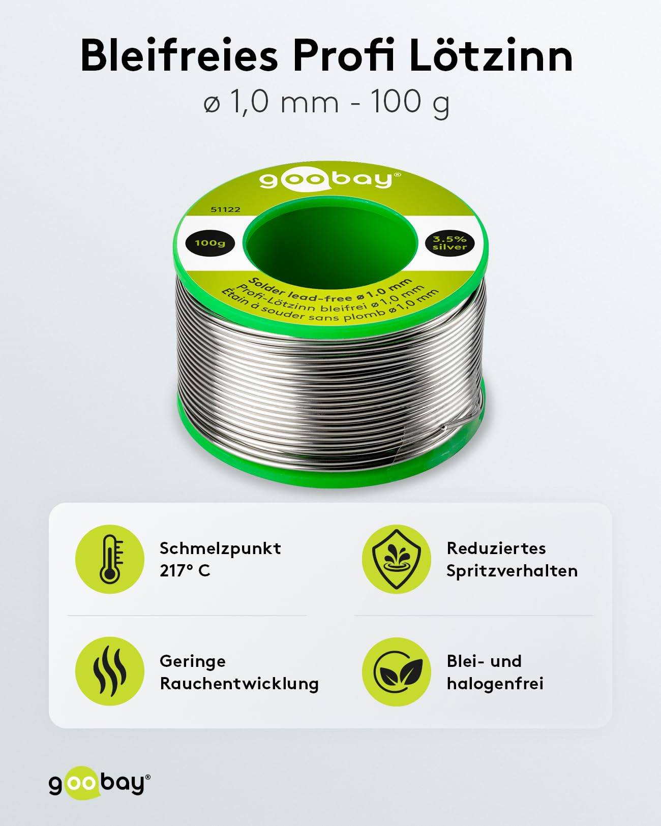 Goobay 51122 Lötzinn bleifrei ø 1,0 mm Lötdraht Flussmittel / 3,5 % Silber / 217 °C Schmelzpunkt bleifreies Löten 100g-1
