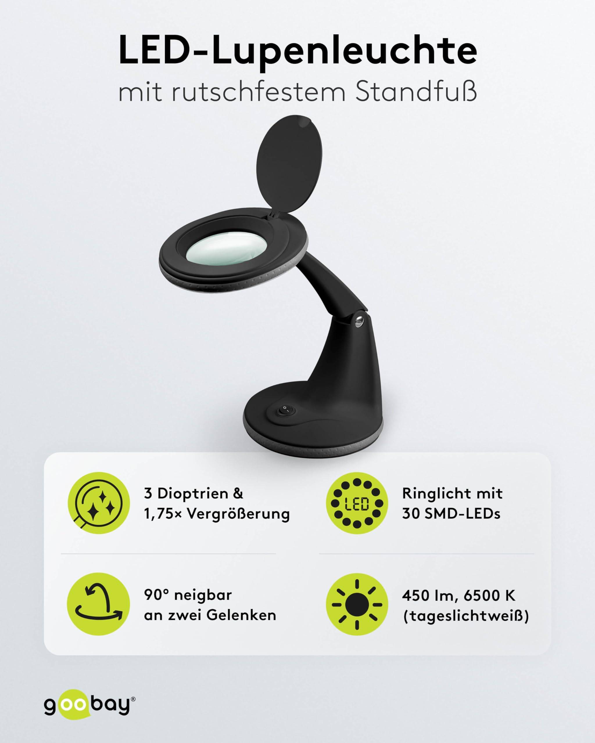 Goobay 65578 LED Lupenleuchte mit Standfuß Ø100mm Echtglas Linse 3 Dioptrien Lupe mit Licht Lupenlampe Tischlupe Schwarz-1