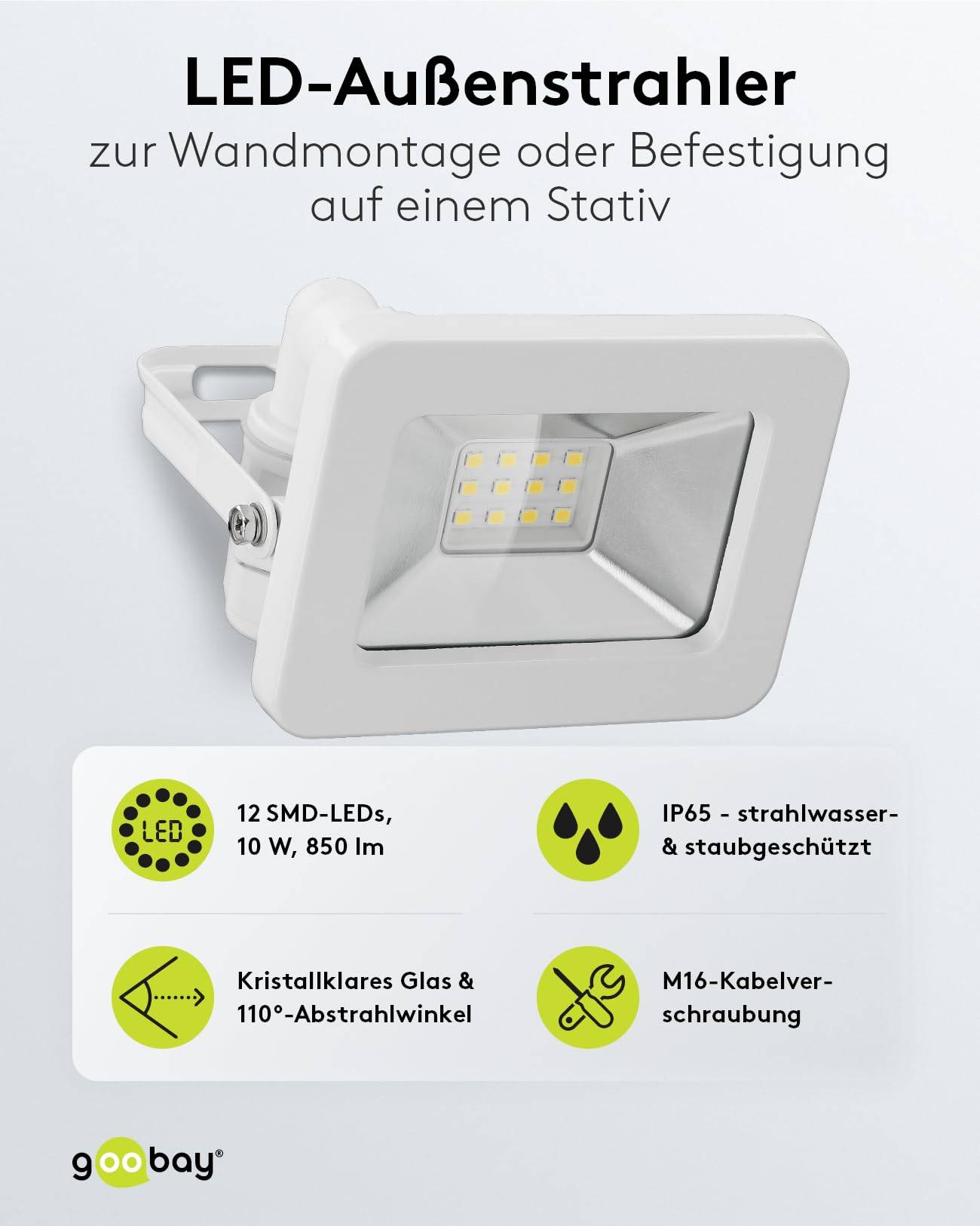 Goobay 53869 LED Strahler Außen 10W Außenstrahler 850 lm / Scheinwerfer Wandmontage Fluter / IP56 Gartenstrahler / Weiß-1