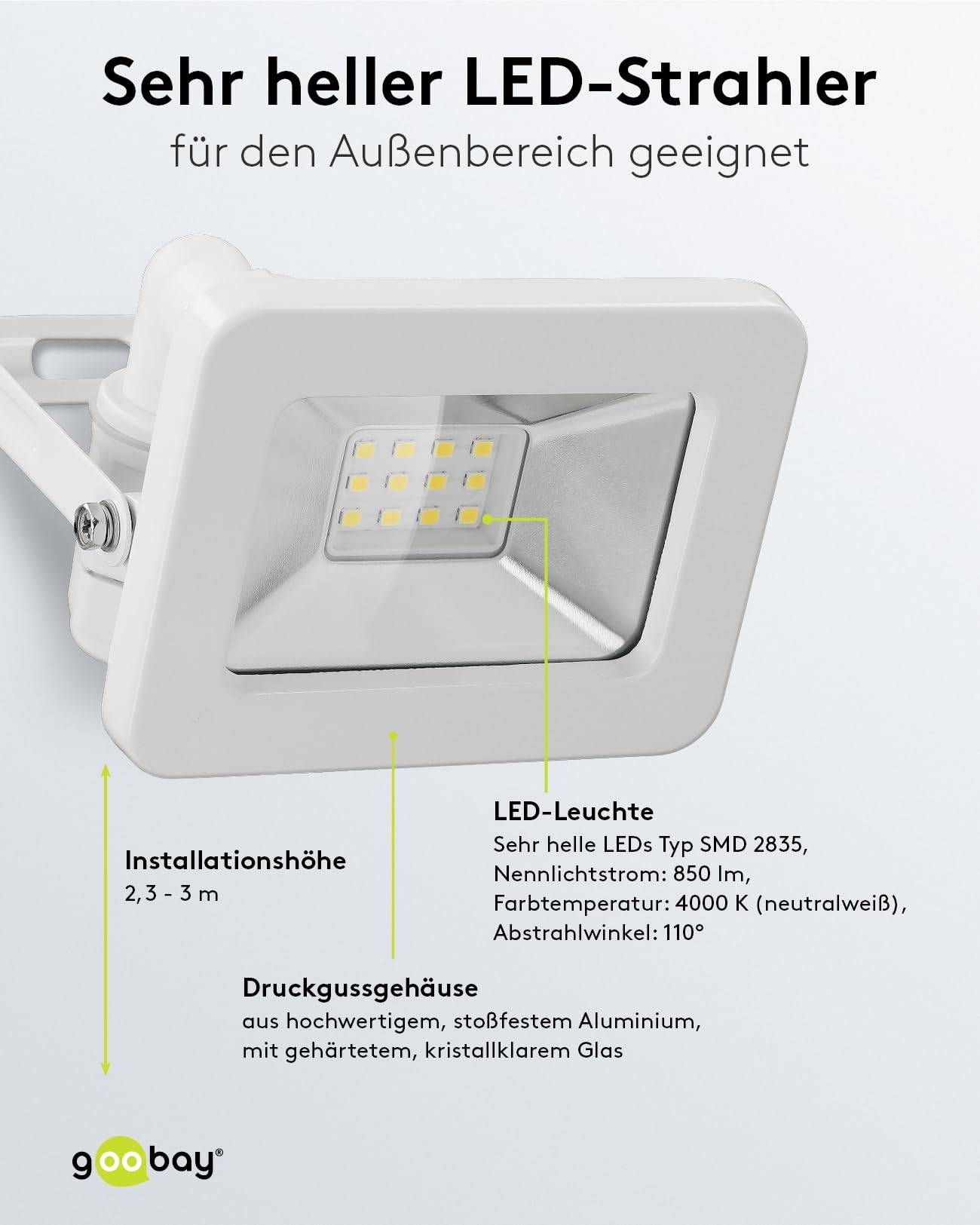 Goobay 53869 LED Strahler Außen 10W Außenstrahler 850 lm / Scheinwerfer Wandmontage Fluter / IP56 Gartenstrahler / Weiß-3