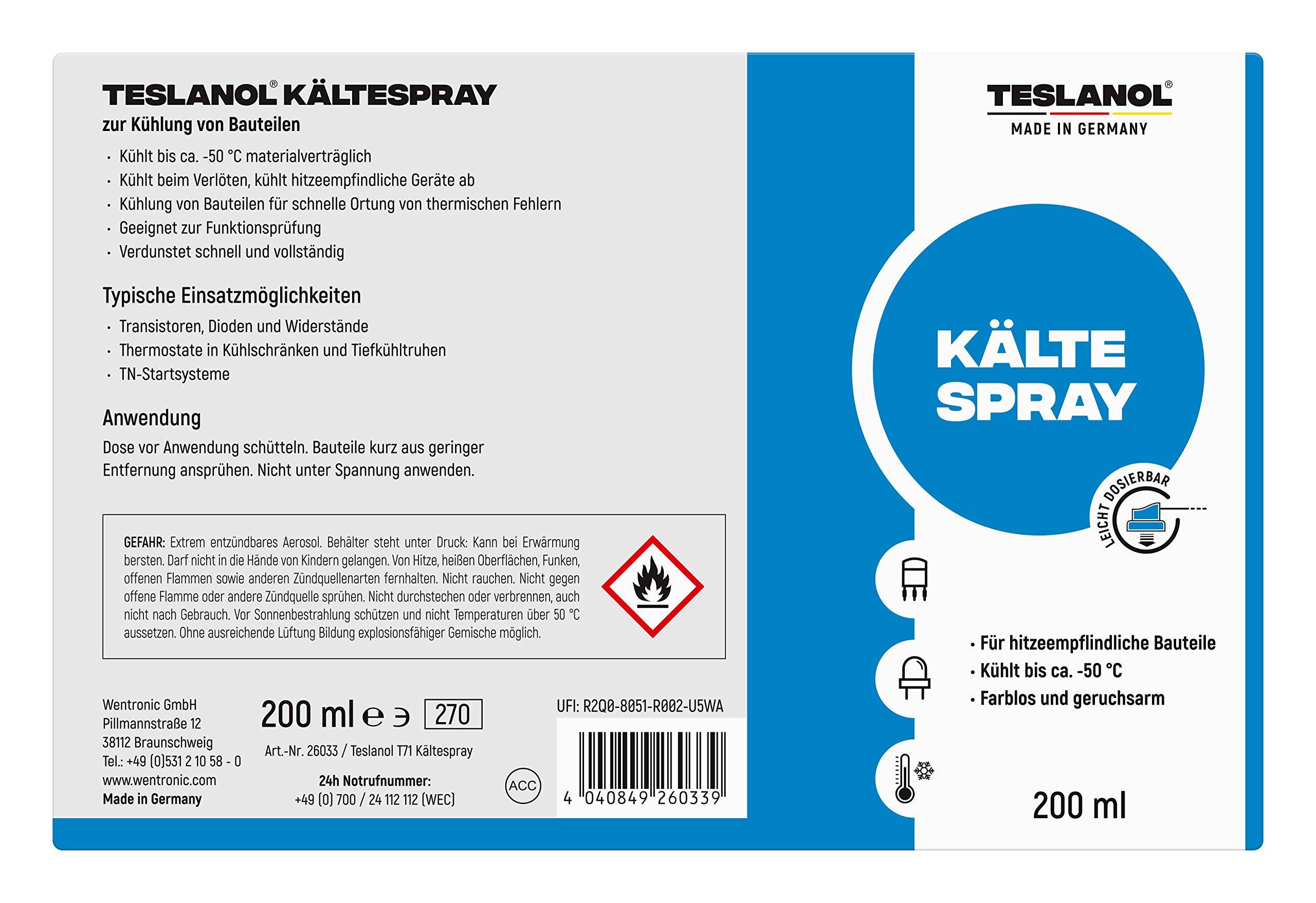 Teslanol 26033 Kältespray zur Kühlung von hitzeempfindlichen Bauteilen Kälteschockspray Kühlspray Spraydose 200 ml-3