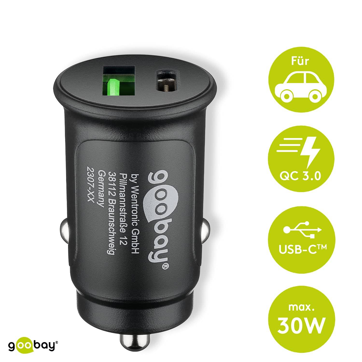 Goobay 55634 Dual USB Schnellladegerät PD Zigarettenanzünder / 30W Auto Ladegerät USB-A & USB-C Ladestecker / Schwarz-1