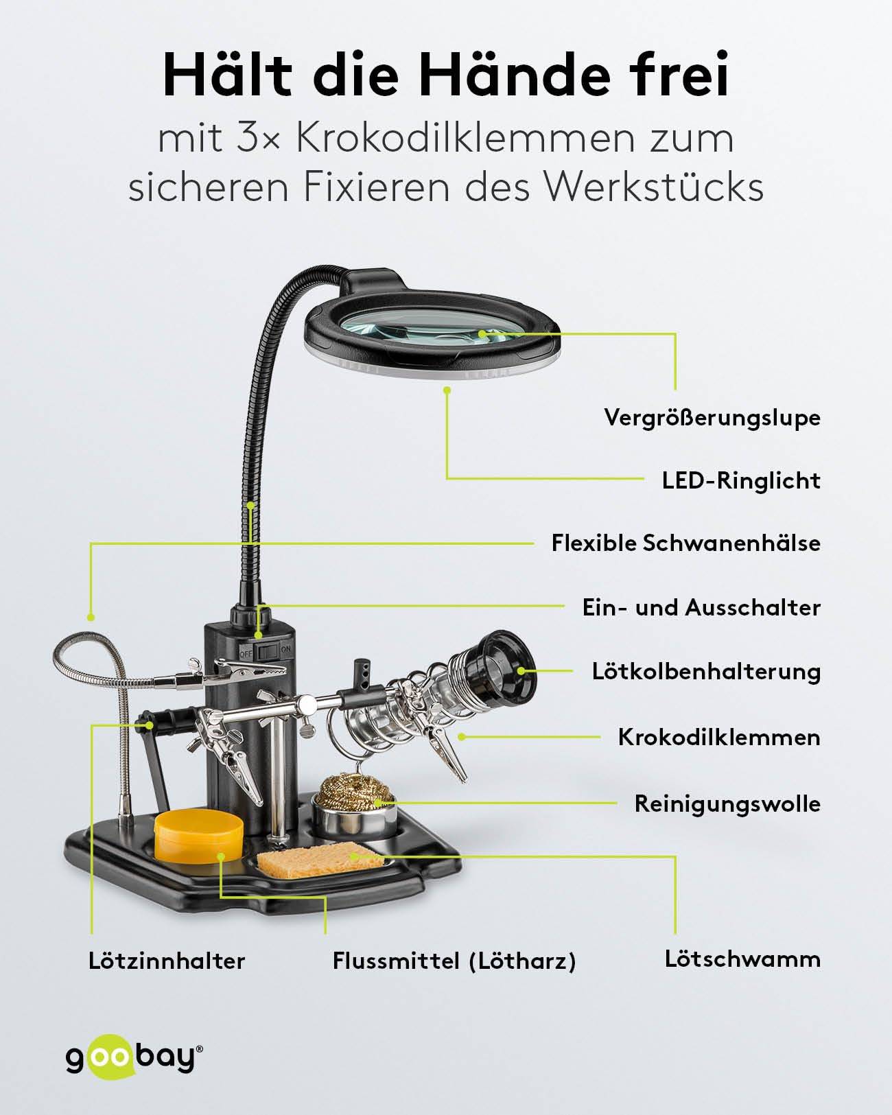 Goobay 45241 LED Licht Löthilfe / Schwanenhals Arm & Krokodilklemmen / Lötstation Dritte Hand Lötkolben Halter & Schwamm-5