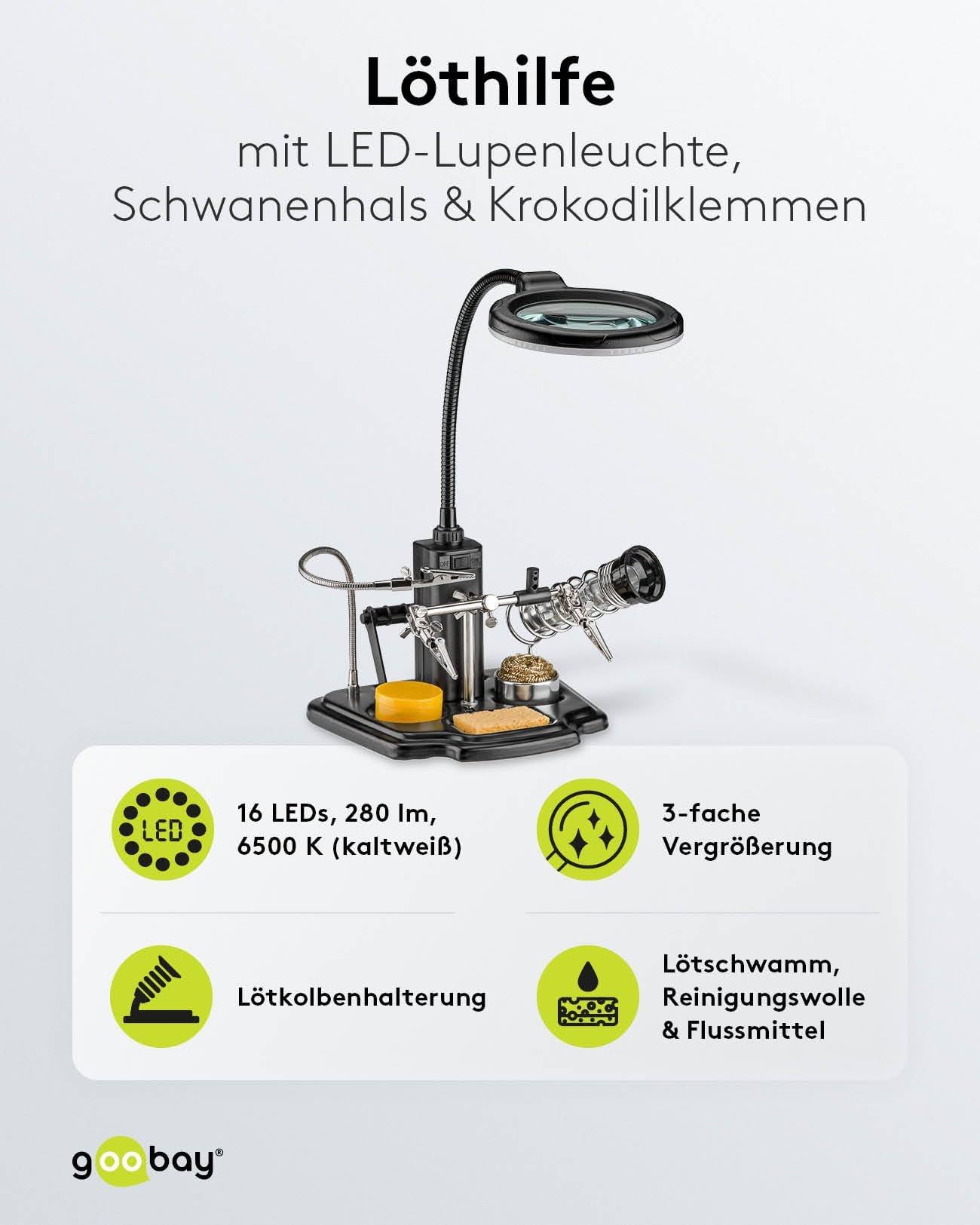 Goobay 45241 LED Licht Löthilfe / Schwanenhals Arm & Krokodilklemmen / Lötstation Dritte Hand Lötkolben Halter & Schwamm-1