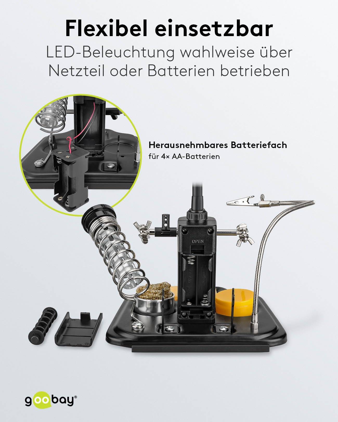 Goobay 45241 LED Licht Löthilfe / Schwanenhals Arm & Krokodilklemmen / Lötstation Dritte Hand Lötkolben Halter & Schwamm-3