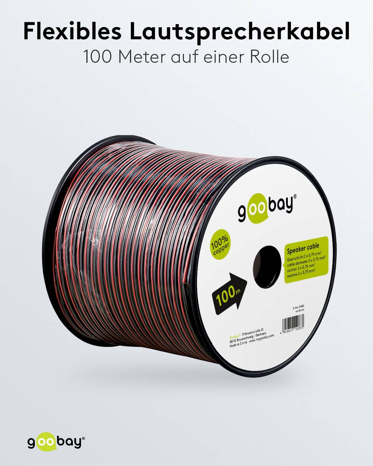 Goobay 15083 Lautsprecherkabel 2x 0,75 mm² Kupferlitze / Audiokabel Boxenkabel Kupferkabel Meterware / Rot Schwarz 100m-1
