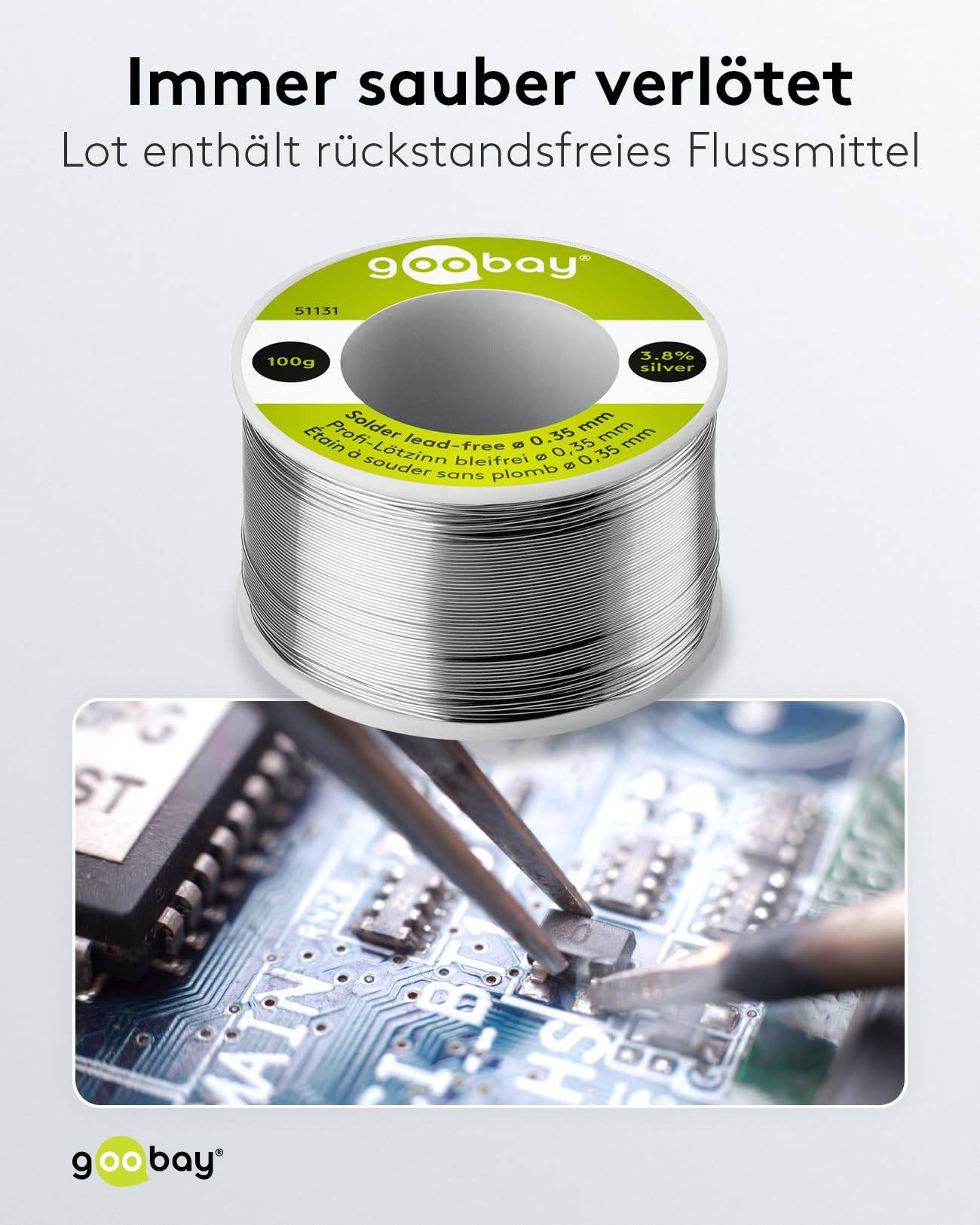 Goobay 51131 Lötzinn bleifrei ø 0,35 mm Lötdraht Flussmittel / 3,8 % Silber / 217 °C Schmelzpunkt bleifreies Löten 100g-4