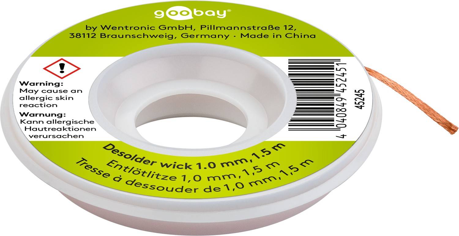 Goobay 45245 Entlötlitze 1.00 mm, reines Kupfer, Entlötdraht zur Entfernung von Lötzinn an Lötstellen, 1.5 m Spule-0