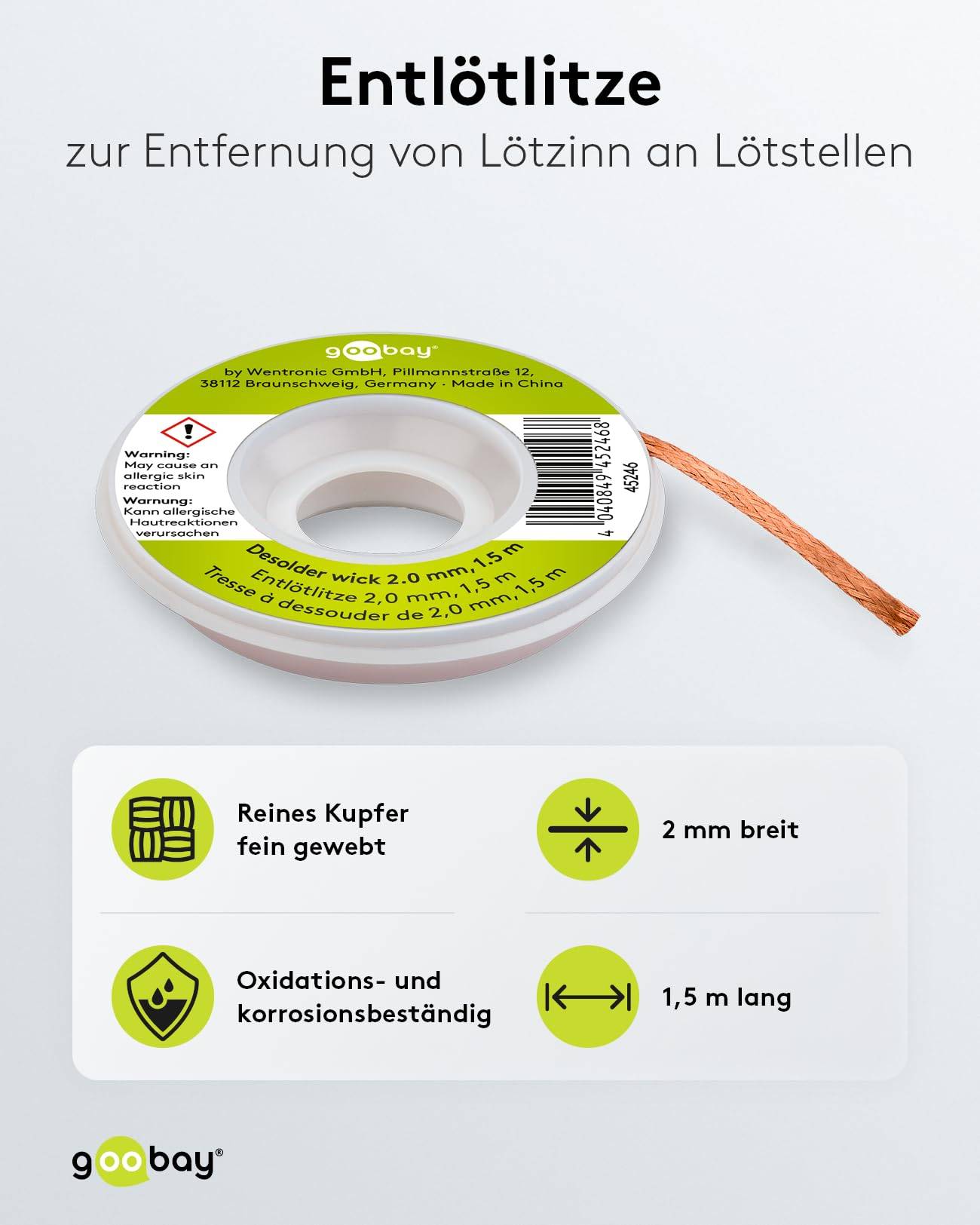 Goobay 45245 Entlötlitze 1.00 mm, reines Kupfer, Entlötdraht zur Entfernung von Lötzinn an Lötstellen, 1.5 m Spule-1