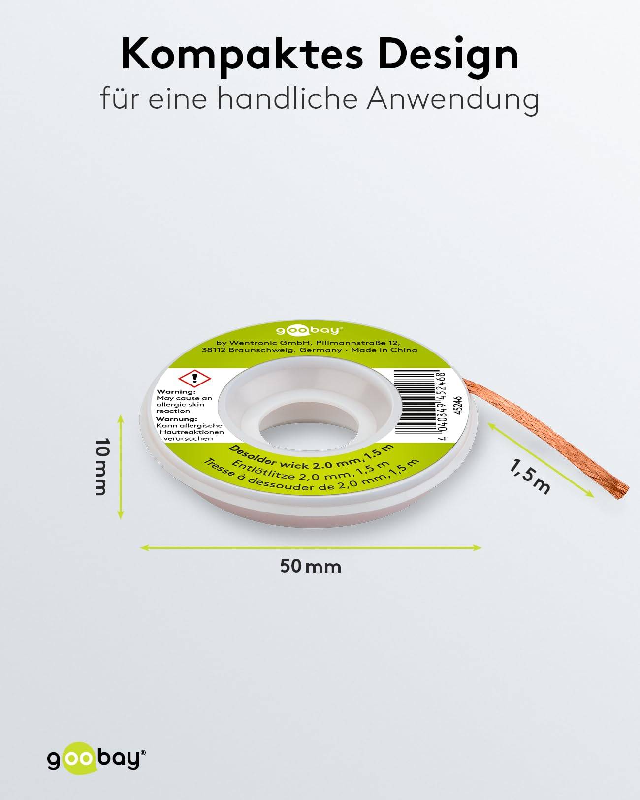 Goobay 45245 Entlötlitze 1.00 mm, reines Kupfer, Entlötdraht zur Entfernung von Lötzinn an Lötstellen, 1.5 m Spule-2