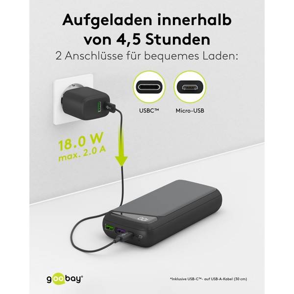 Goobay Powerbank 20000 mAh, Powerbank mit USB-C & USB-A, 18 W Power Delivery & Quick Charge, LiPo 74 Wh-5