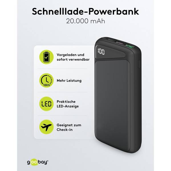 Goobay Powerbank 20000 mAh, Powerbank mit USB-C & USB-A, 18 W Power Delivery & Quick Charge, LiPo 74 Wh-1