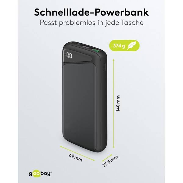 Goobay Powerbank 20000 mAh, Powerbank mit USB-C & USB-A, 18 W Power Delivery & Quick Charge, LiPo 74 Wh-2