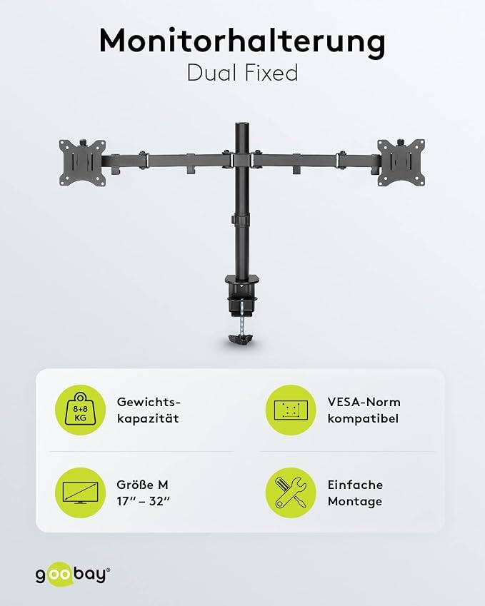 Goobay Monitorhalterung 2 Monitore 43 cm (17") - 81 cm (32") Tischklemme Monitorarm rotier- & schwenkbar 8 kg-4