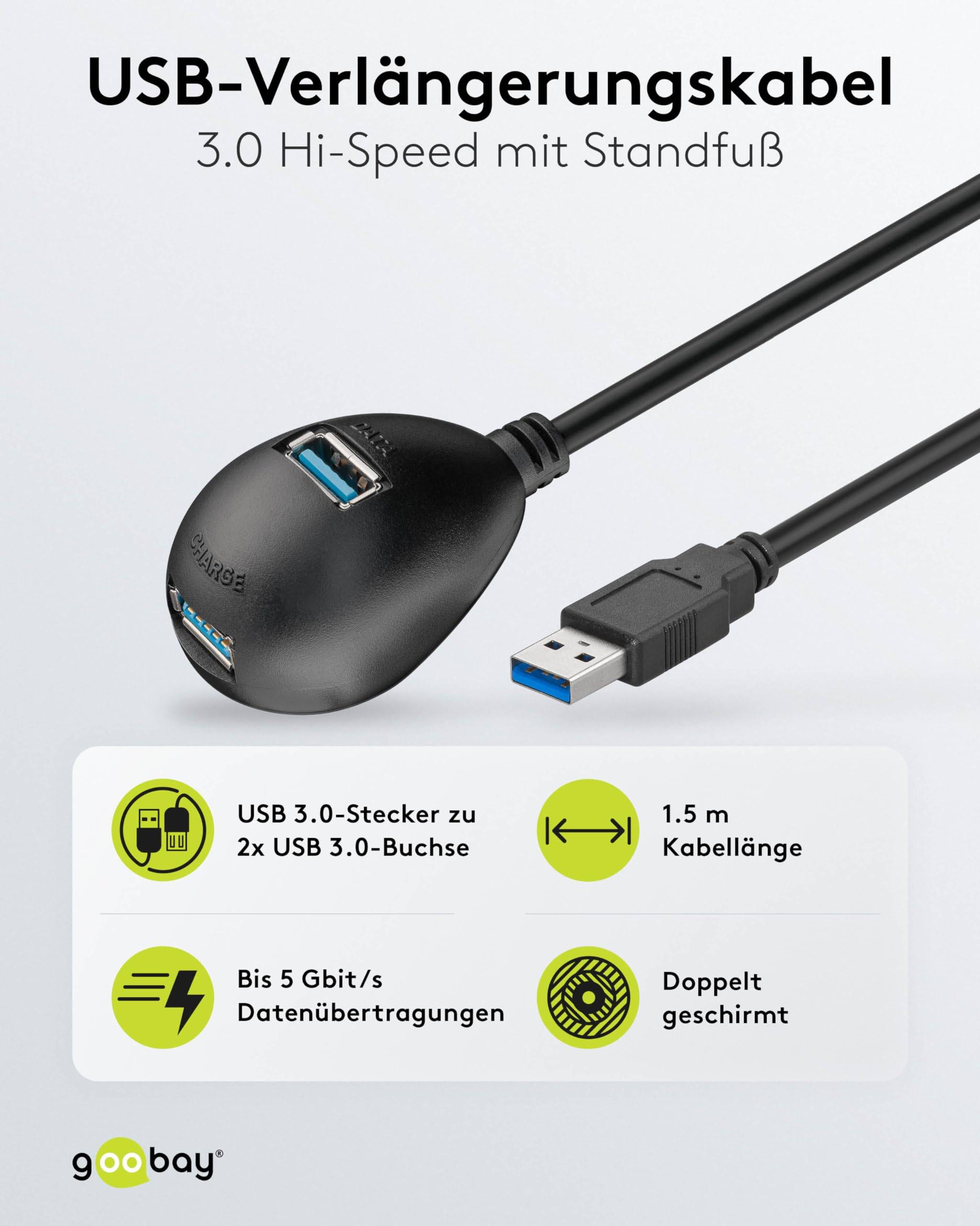 Goobay 95918 USB Verlängerung inkl. Standfuß / USB 3.0 Typ A Verlängerungskabel / 5 Gbits USB Kabel / Schwarz / 1,5m-1