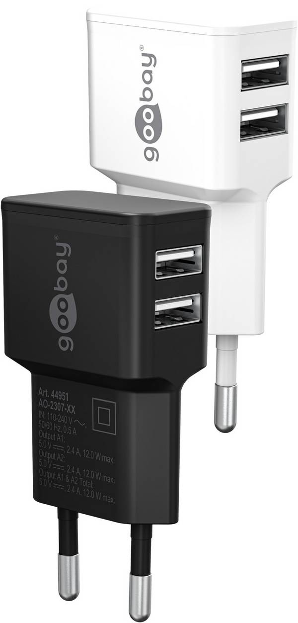 Goobay 44951 Dual USB-A Netzteil 12W / Universal Ladegerät Apple Samsung / USB A Adapter / 2 Port Ladestecker / Schwarz