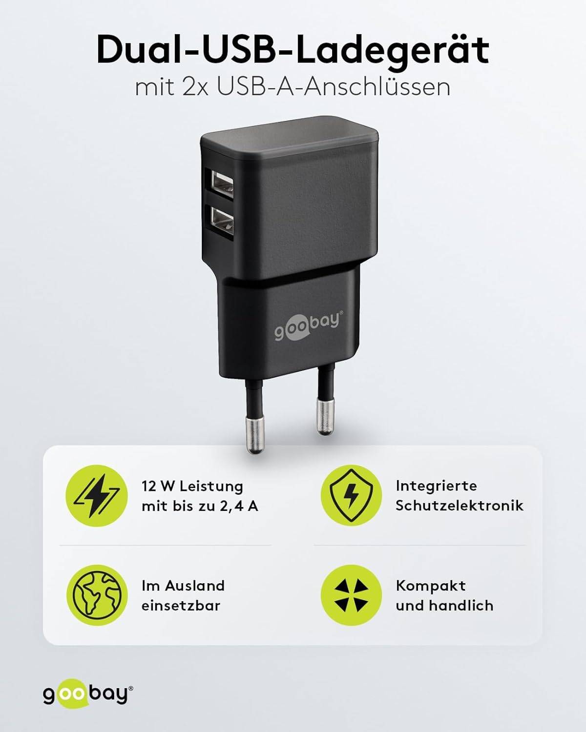 Goobay 44951 Dual USB-A Netzteil 12W / Universal Ladegerät Apple Samsung / USB A Adapter / 2 Port Ladestecker / Schwarz-1