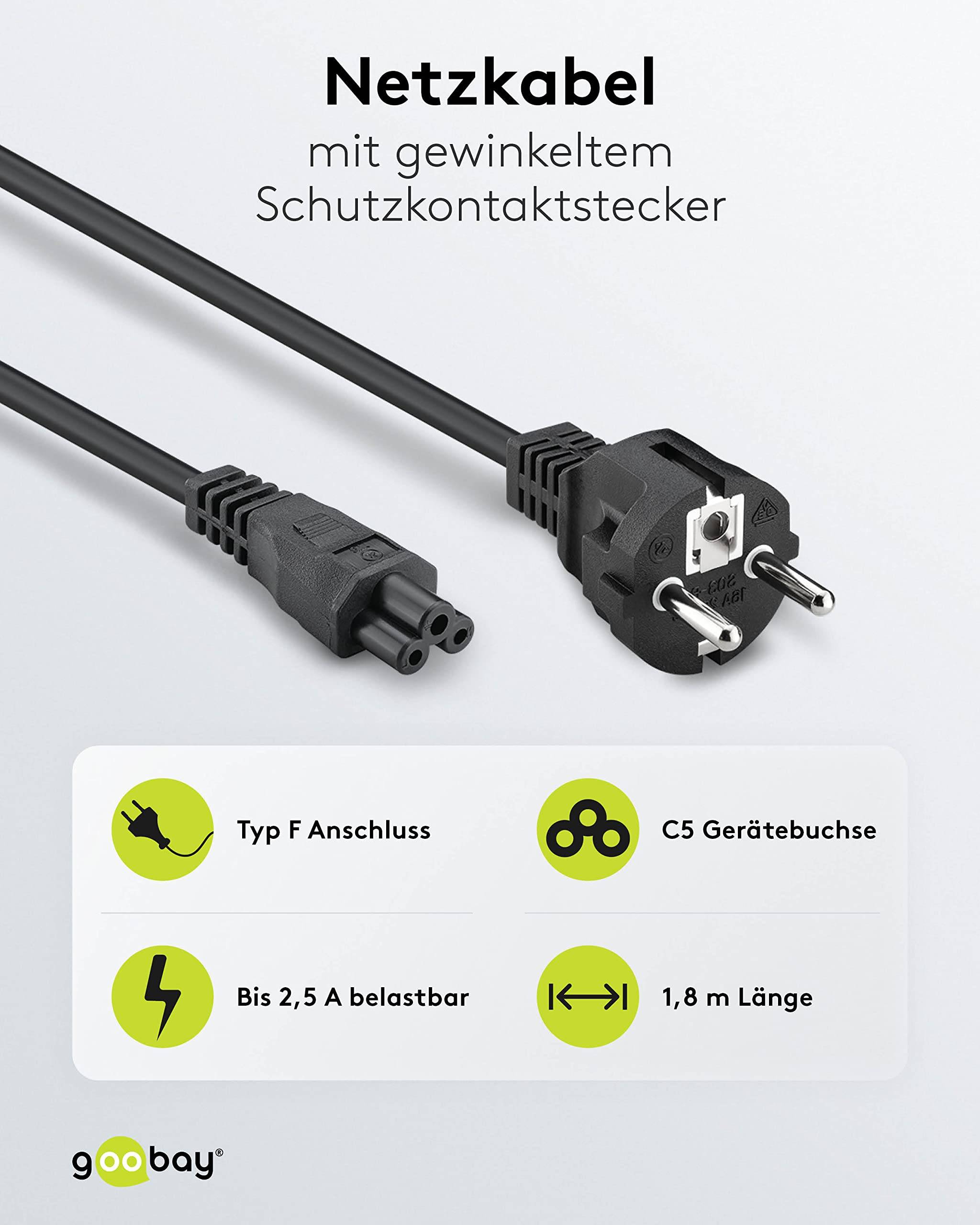 Goobay 93586 Netzkabel mit Schutzkontaktstecker & C5 Kupplung / Universal Stromkabel Kleeblattstecker / Schwarz / 1,80m-1