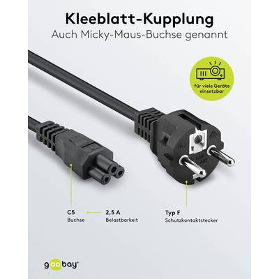 Goobay 93586 Netzkabel mit Schutzkontaktstecker & C5 Kupplung / Universal Stromkabel Kleeblattstecker / Schwarz / 1,80m-3