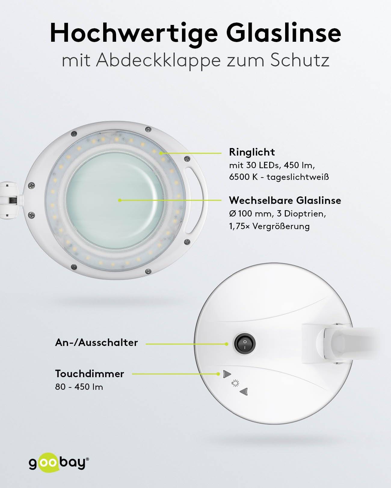 Goobay 60363 LED Lupenleuchte mit Standfuß Ø 100mm Echtglas Linse 3 Dioptrien Lupe mit Licht dimmbar Lupenlampe Weiß-5