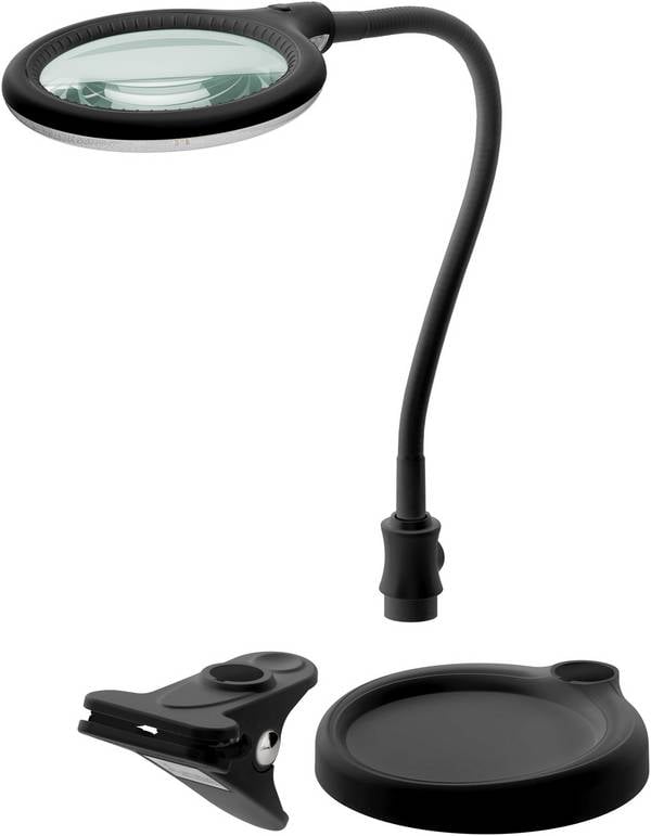 Goobay 64990 LED Lupenleuchte Standfuß & Tischklemme Ø 100mm Echtglas Linse 3 Dioptrien Lupe mit Licht Tischlupe Schwarz