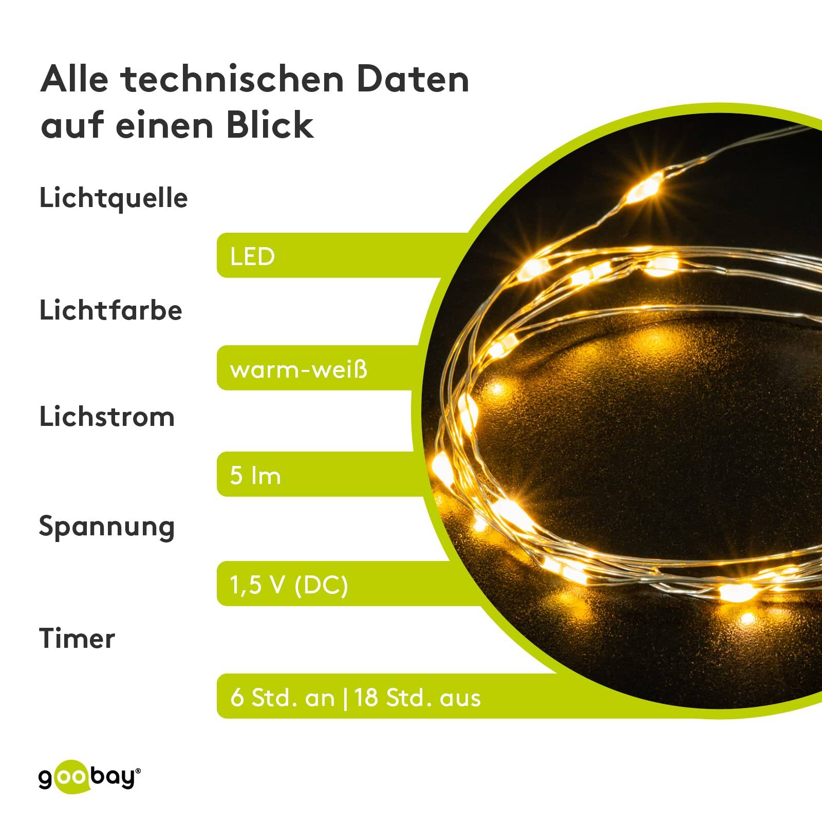 Goobay 66736 LED Micro-Lichterkette mit 20 warmweißen LEDs Timer 5 lm Mini Lichterkette, Drahtlichterkette mit Batterie-5