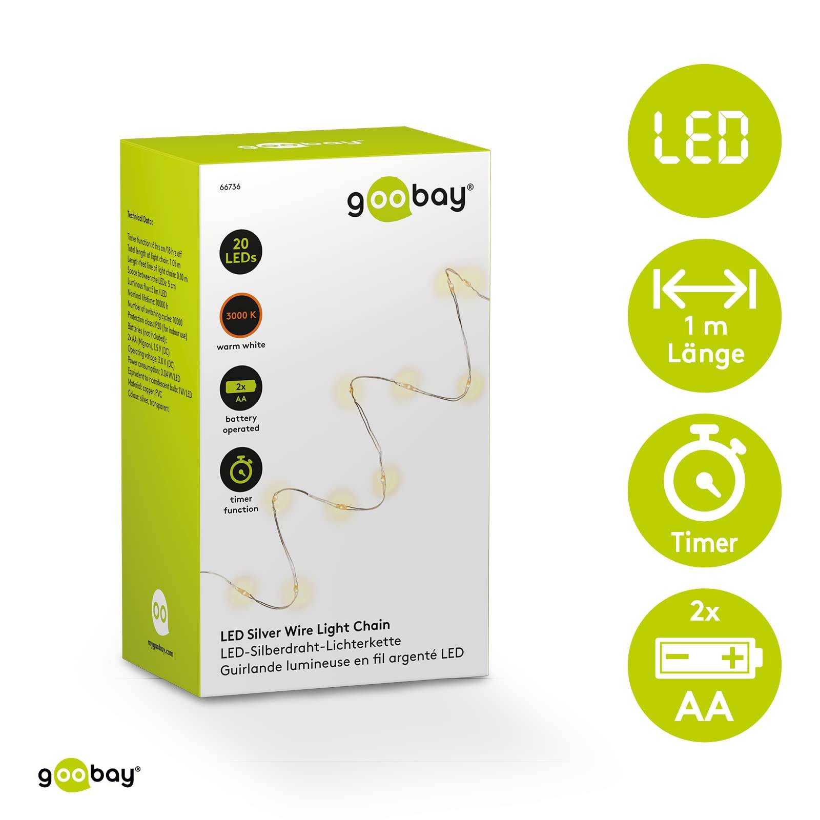 Goobay 66736 LED Micro-Lichterkette mit 20 warmweißen LEDs Timer 5 lm Mini Lichterkette, Drahtlichterkette mit Batterie-1